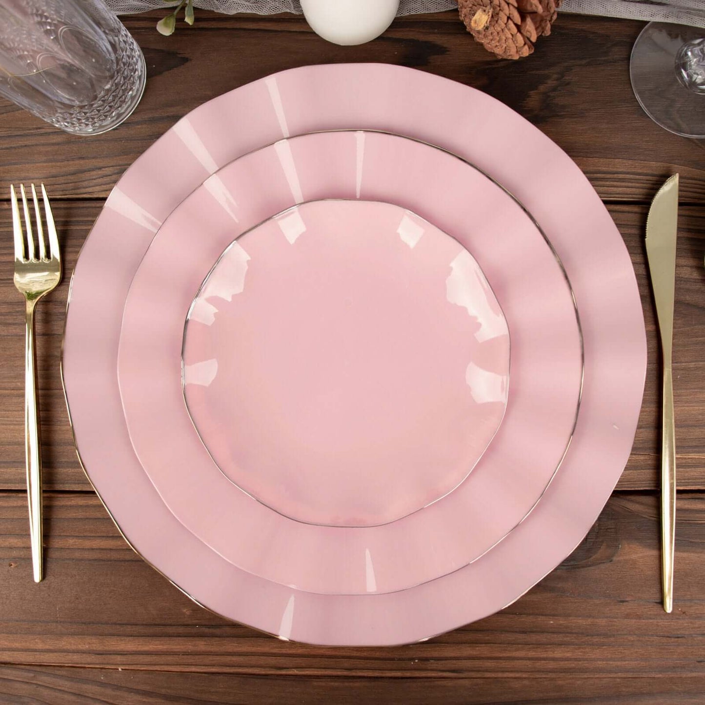 10-Pack Plastic 9" Round Dinner Plates in Dusty Rose Ruffled Rim with Gold Edging - Sturdy Disposable Dinnerware