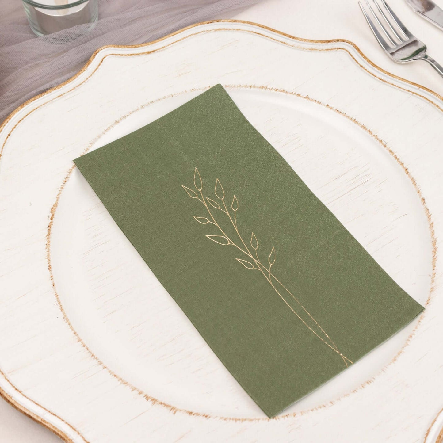 50-Pack Paper Dinner Napkins Dusty Sage Green with Gold Embossed Leaf - Stylish 2-Ply Disposable Napkins for Weddings 18GSM
