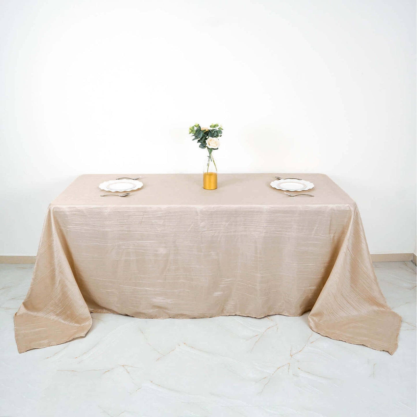 Taffeta 90"x132" Rectangle Tablecloth Beige - Seamless Accordion Crinkle Table Cover