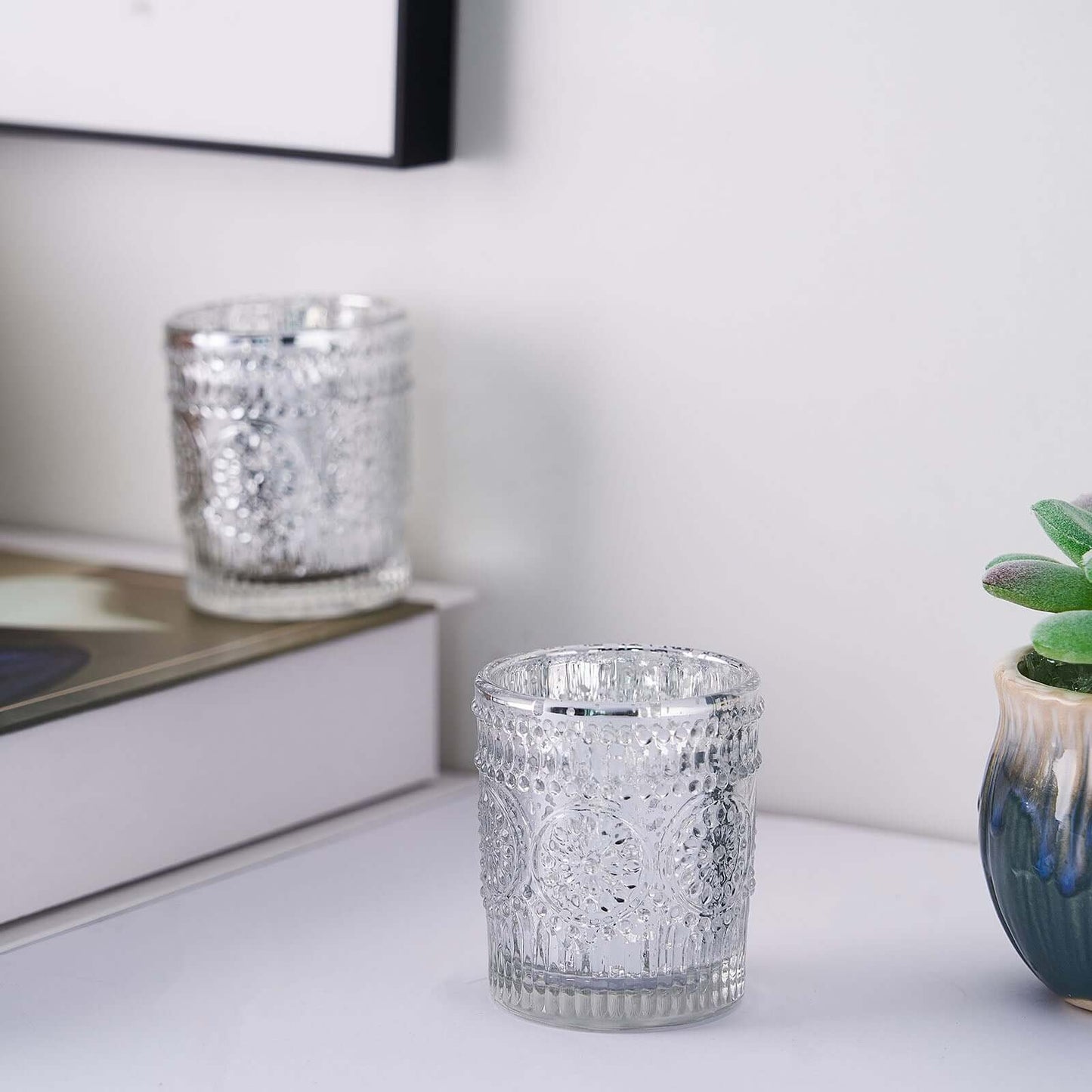 6-Pack Silver Glass Votive Tealight Holders - Stylish Primrose Design for Weddings & DÃ©cor