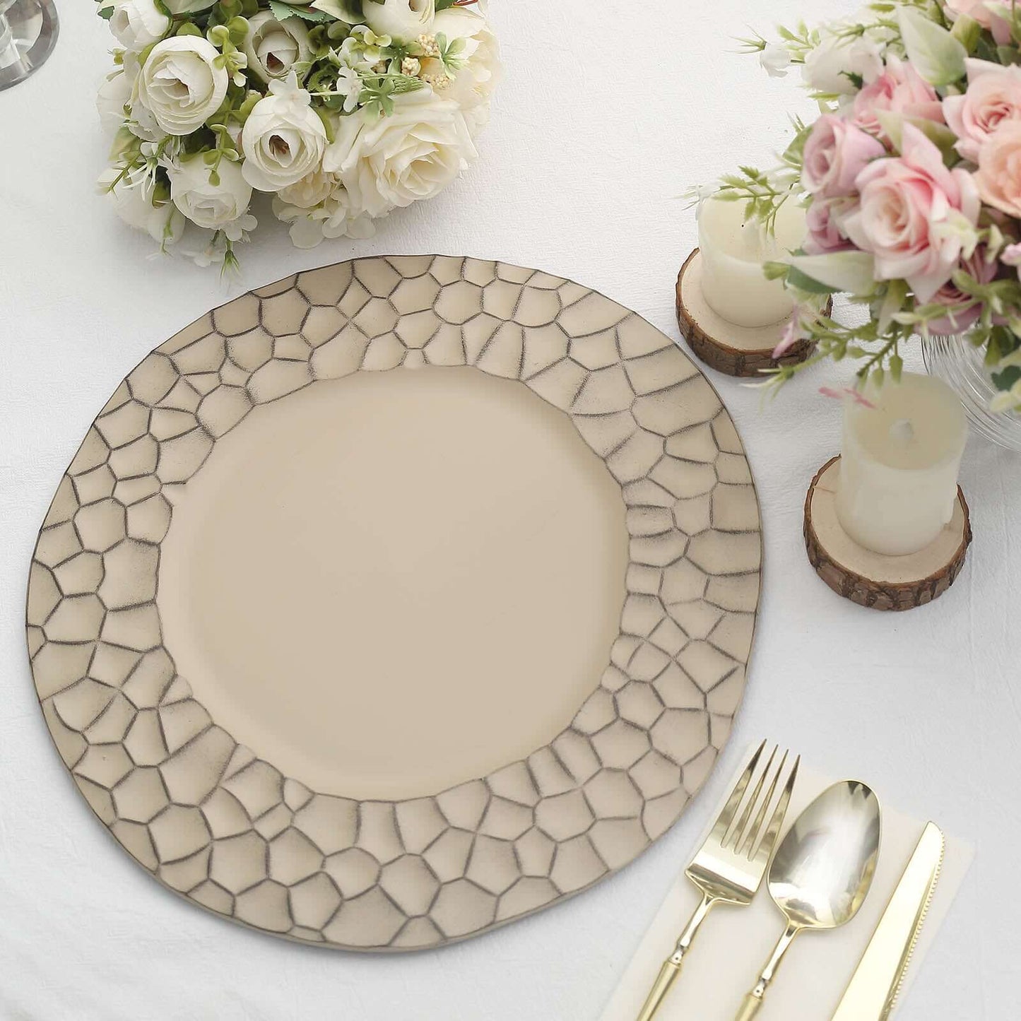 6-Pack Round Charger Plates 13" in Taupe with Hammered Rim, Matte Finish Modern Dinner Charger Tableware