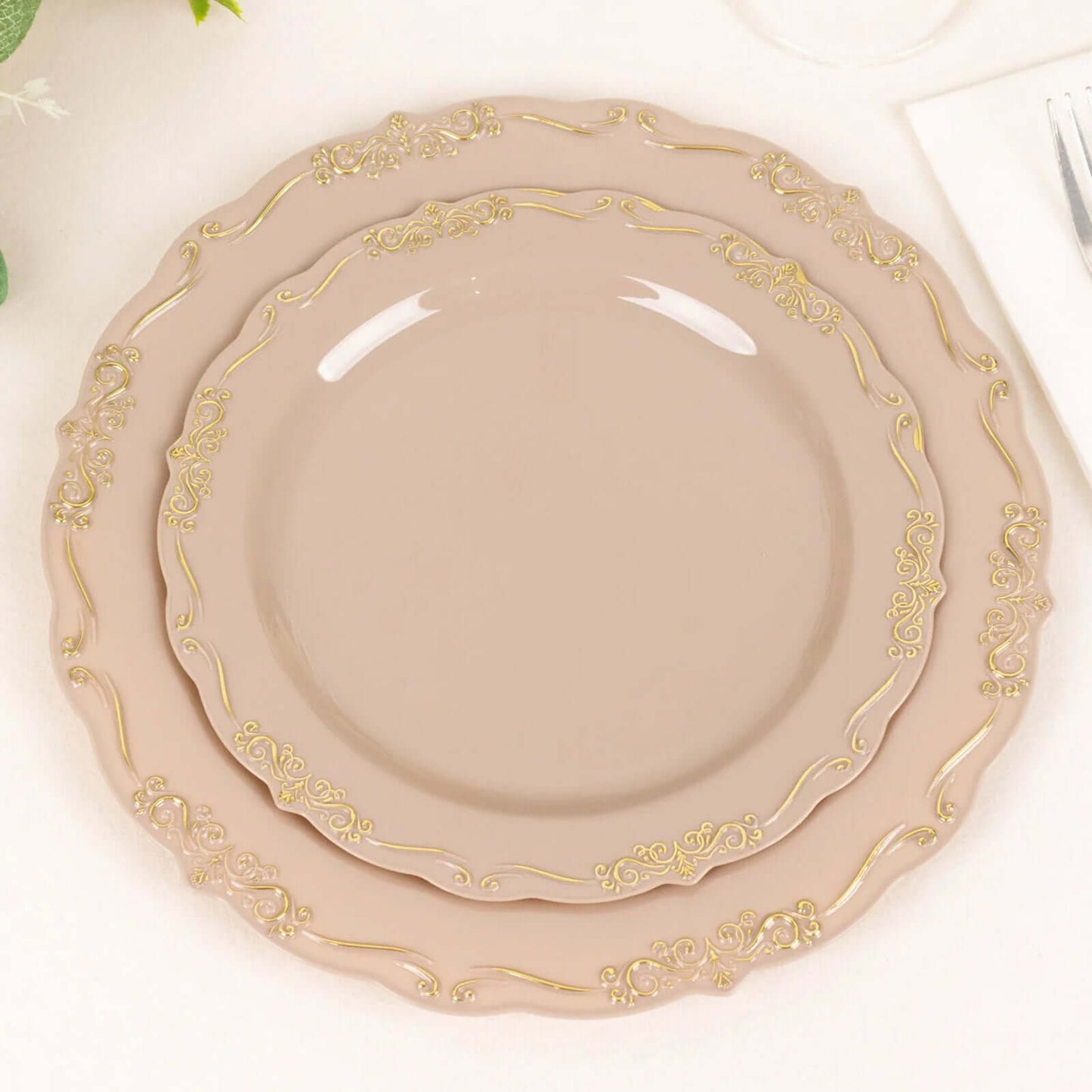 10-Pack Plastic 7" Round Dessert Plates in Taupe with Gold Vintage Embossed Rim - Sturdy Disposable Scalloped Edge Salad Plates