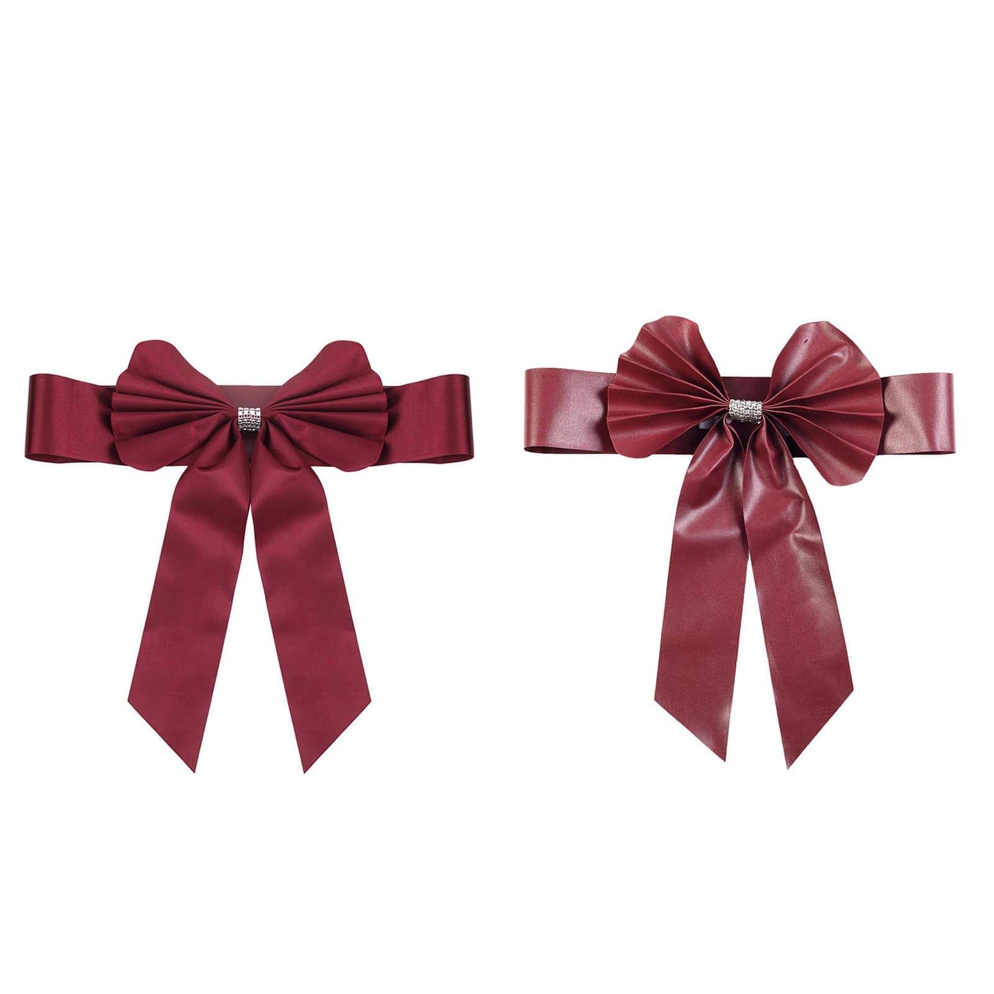 5 Pack Satin Faux Leather Chair Sashes Burgundy - Durable Double Sided Pre-tied Bow Tie Chair Bands with Diamond Rhinestone Buckles
