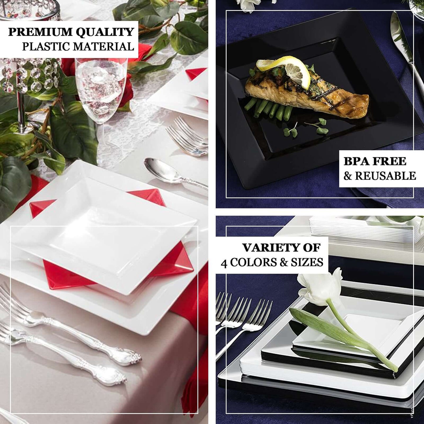 10-Pack Dessert Plates Square Design with Wide Rim Glossy Clear - Plastic Disposable Plates for Events 6"