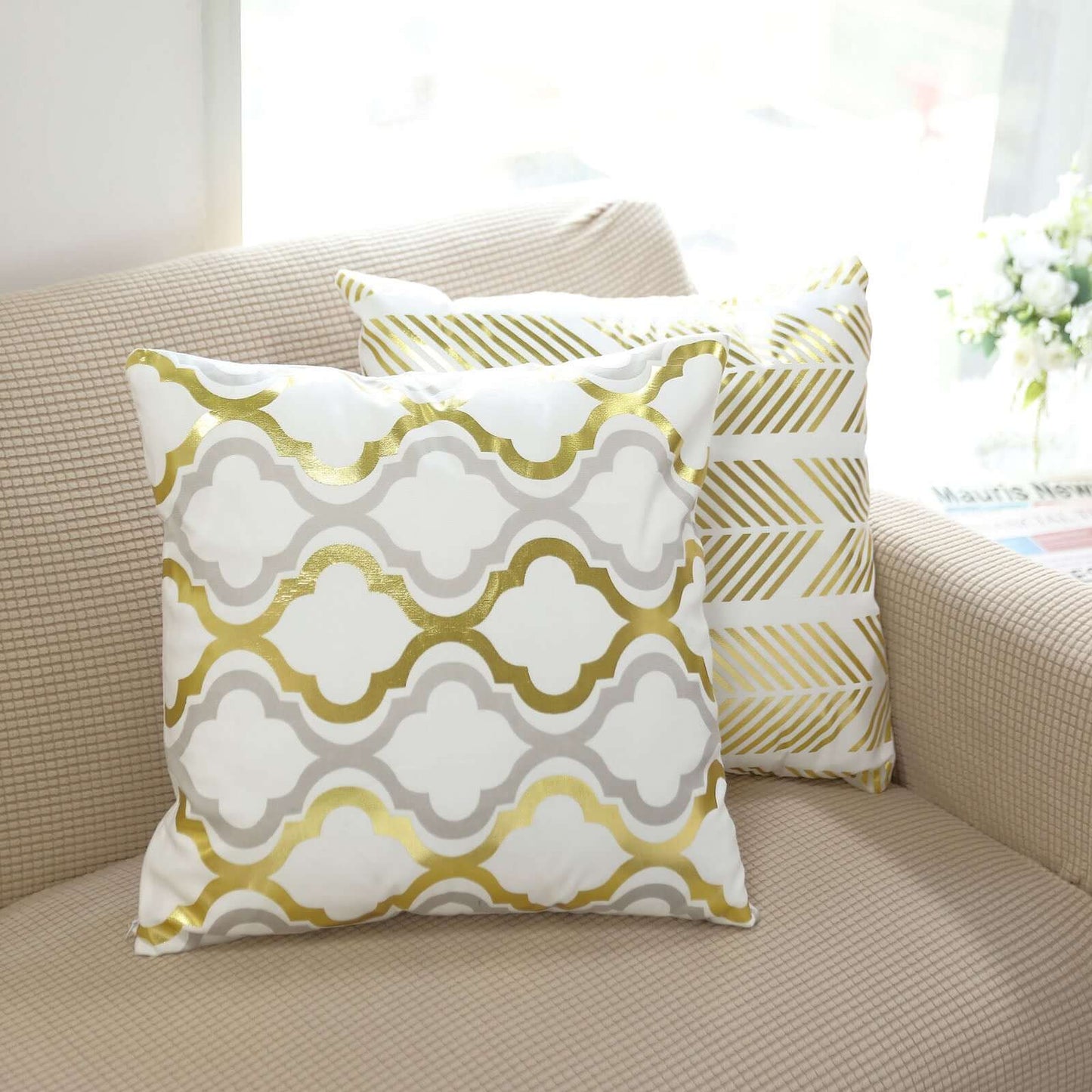 Set Of 4 18" White Gold Foil Geometric Print Throw Pillow Covers, Velvet Square Sofa Cushion Covers