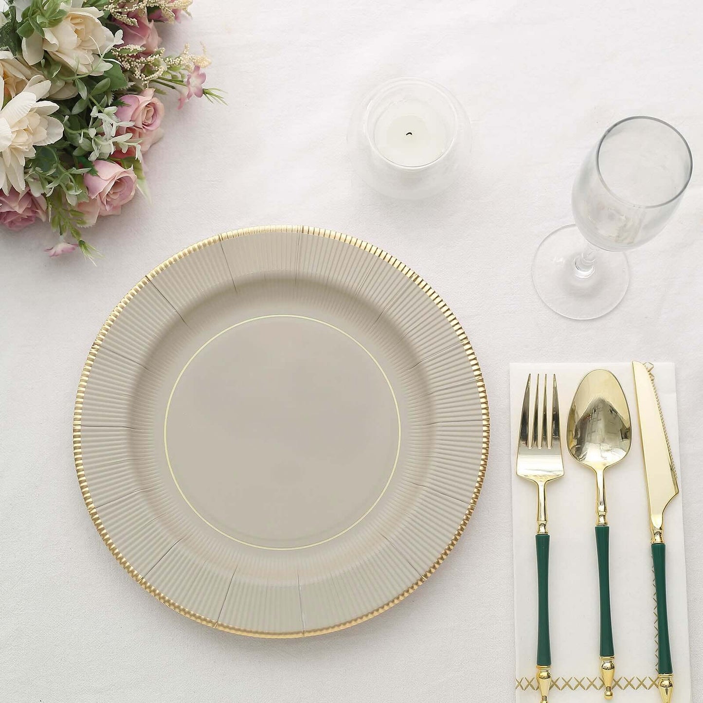 25-Pack Paper 10" Round Dinner Plates in Taupe Sunray Design with Gold Rim - Disposable Heavy Duty 350GSM Party Plates