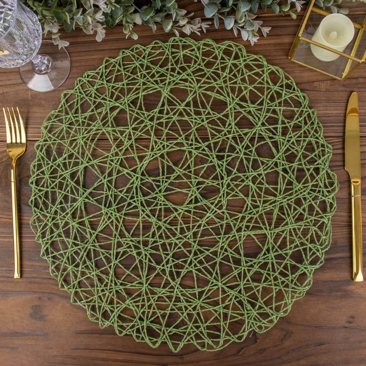 6-Pack Table Placemats Woven Fiber Design Olive Green Round - Disposable Mats for Dining and Events 15"