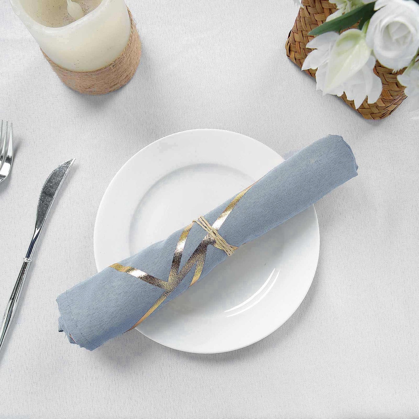 5 Pack Polyester 20"x20" Napkins Dusty Blue with Gold Geometric Foil Pattern - Modern Reusable Dinner Napkins