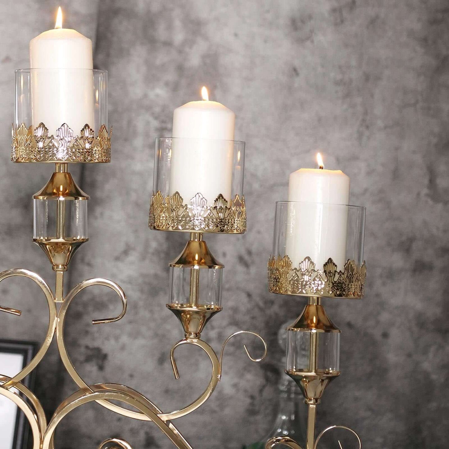 5-Arm Metal Table Candelabra Antique Gold Crown Top Design - Stylish Horizontal Table Centerpiece with Glass Votive Holders 18"