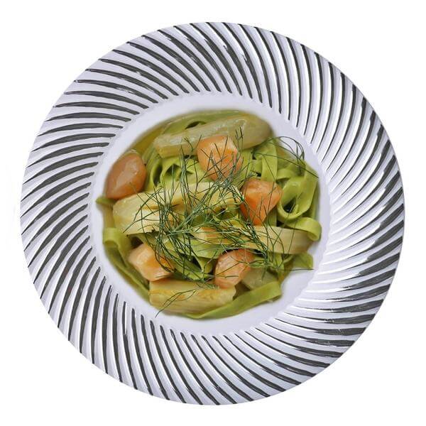 10-Pack Plastic 9" Round Dinner Plates White with Silver Swirl Rim - Disposable Party Plates