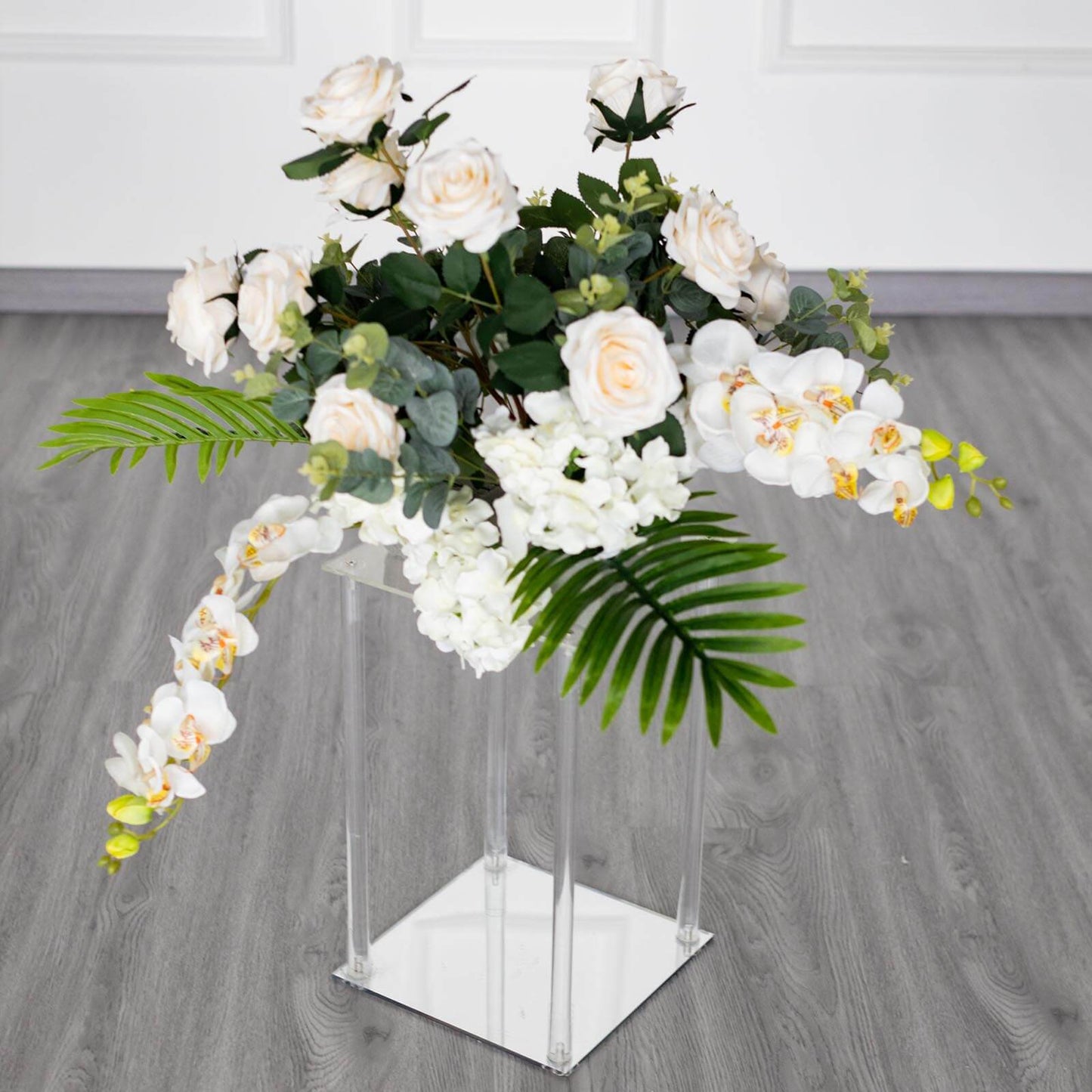 Acrylic Flower Vase Pillar Stand with Square Mirror Base Clear - Stylish Wedding Table Centerpiece 16"