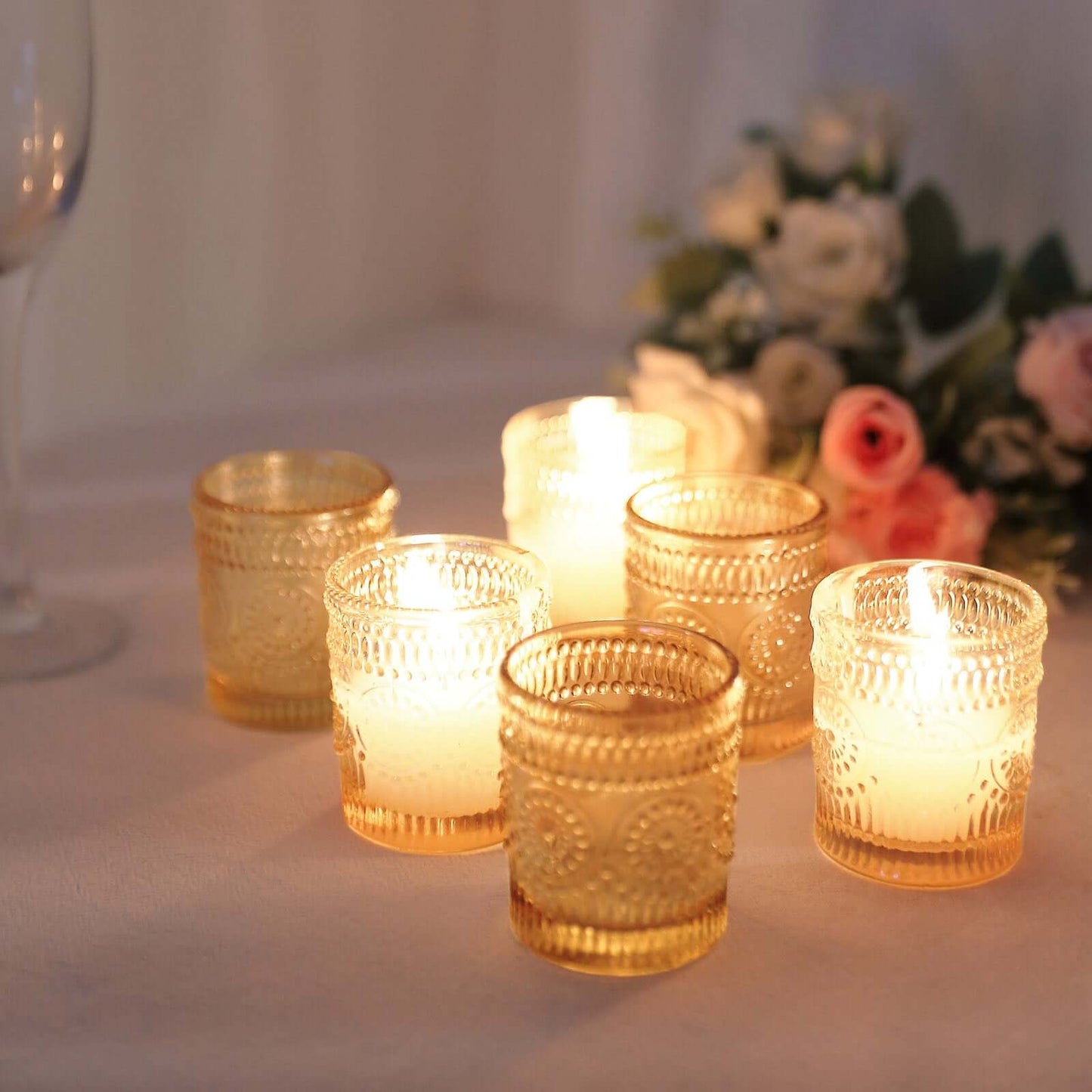 6-Pack Amber Gold Glass Votive Tealight Holders - Stylish Primrose Design for Weddings & DÃ©cor