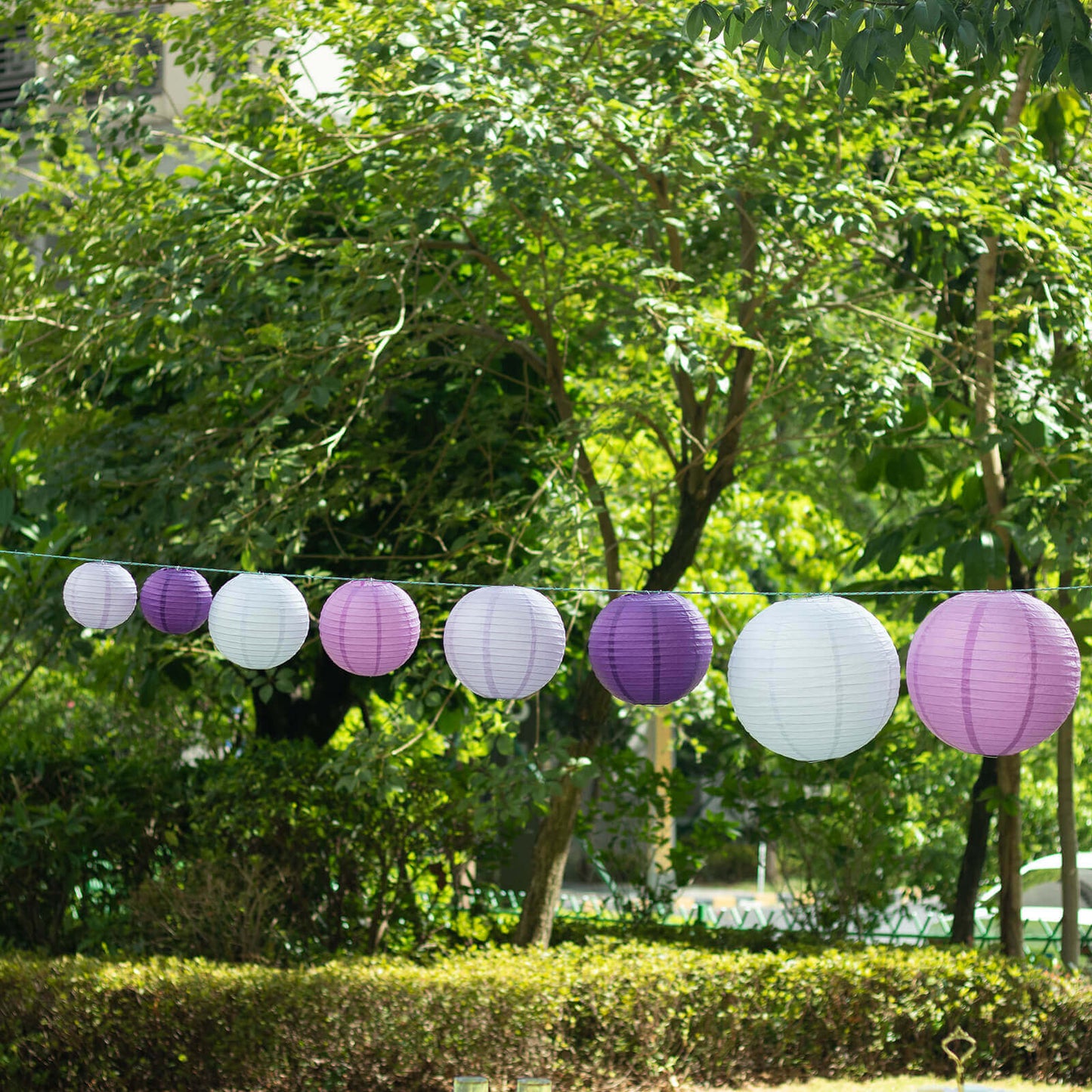 Set of 8 Mixed Purple White Hanging Paper Lanterns, Decorative Round Chinese Sky Lanterns, Assorted Sizes - 6",8",10",14"
