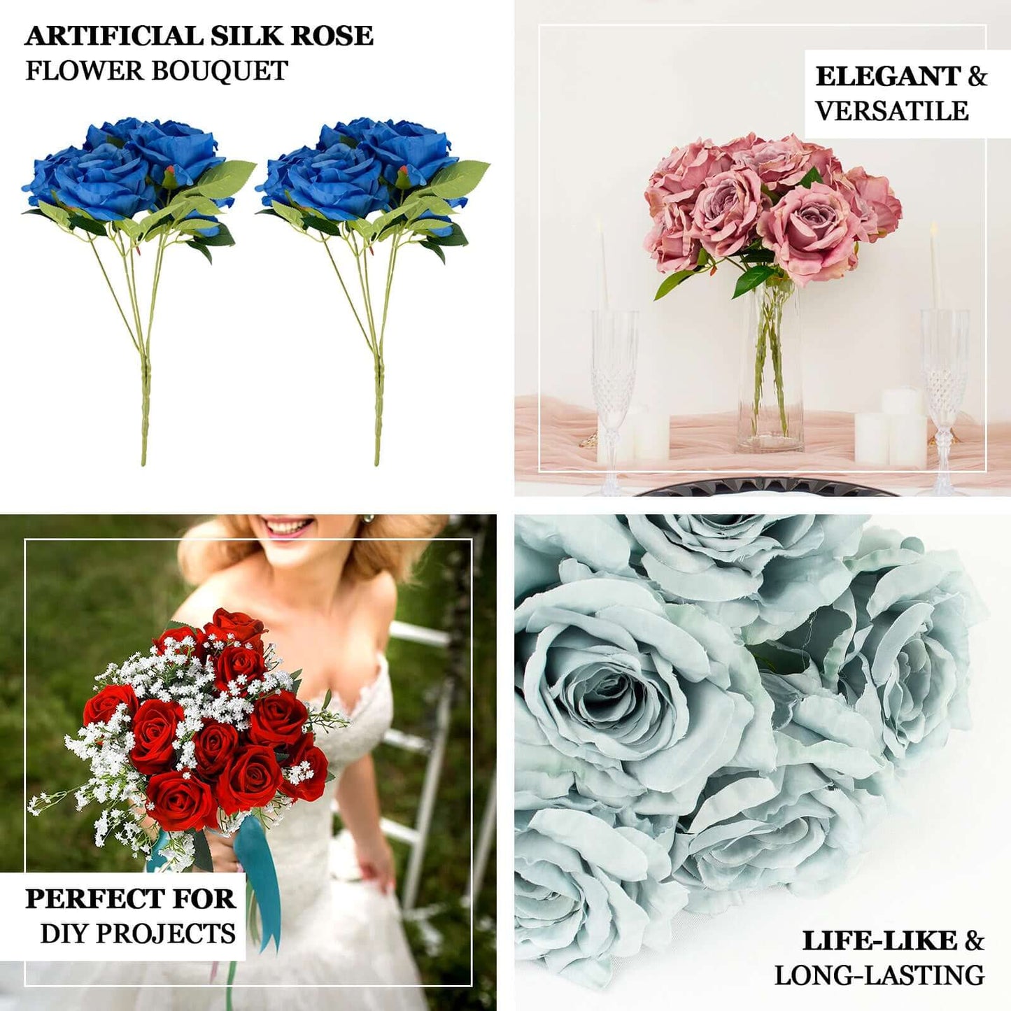 2 Bushes 17" Ivory Premium Silk Jumbo Rose Flower Bouquet, High Quality Artificial Wedding Floral Arrangements