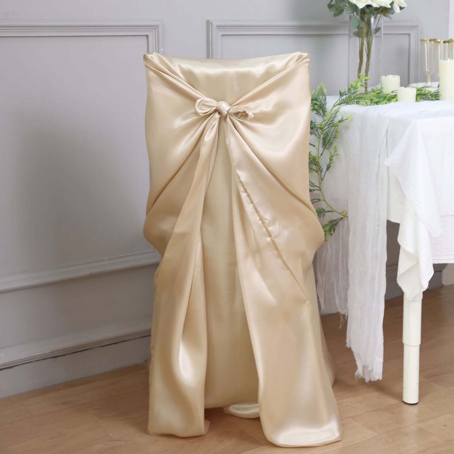 Satin Chair Cover Self-Tie Universal Design Beige - Durable Slip-On Cover for Folding, Dining, Banquet & Standard Chairs
