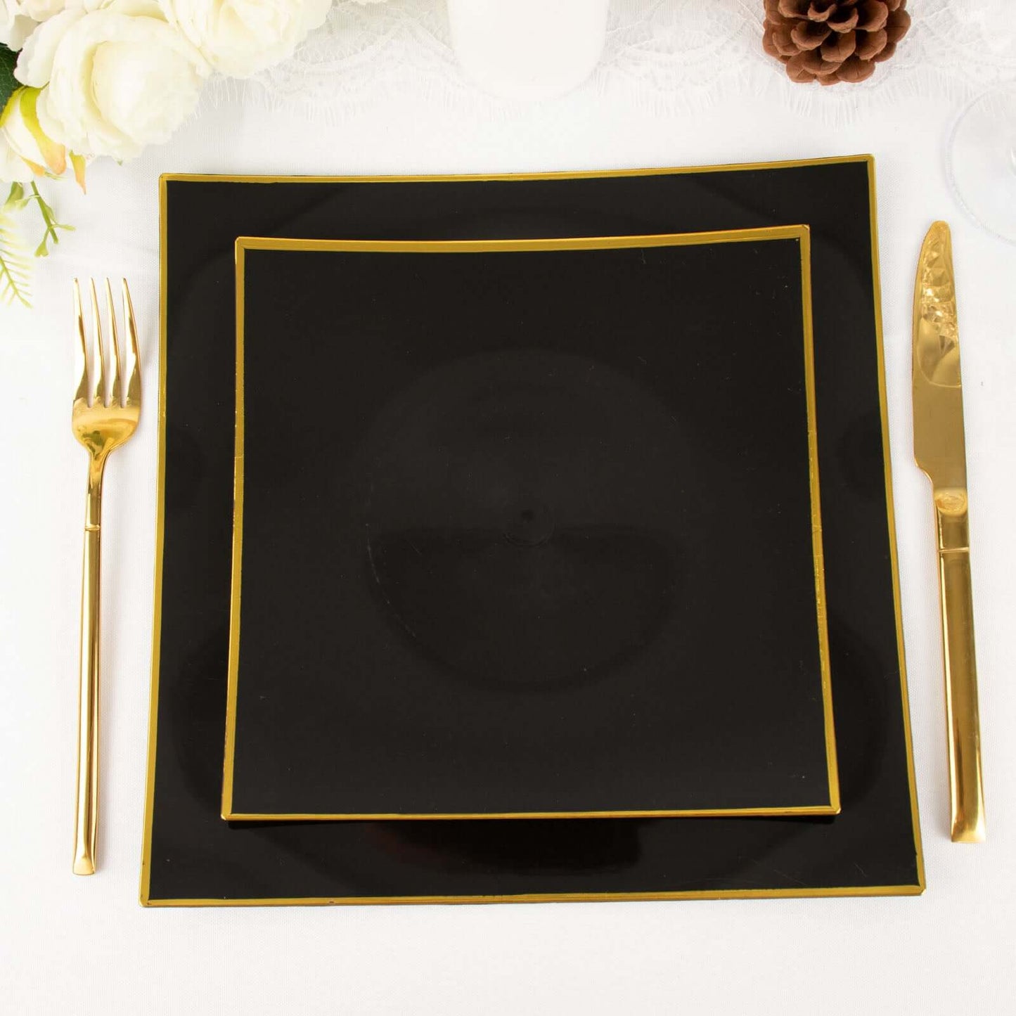 10-Pack Plastic 8" Square Dessert Plates in Black Concave Style with Gold Rim - Modern Disposable Salad Appetizer Party Plates
