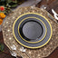 10-Pack Plastic 7" Round Appetizer Plates in Black with Gold Rim - Sleek Disposable Salad Plates for Banquets & Special Occasions