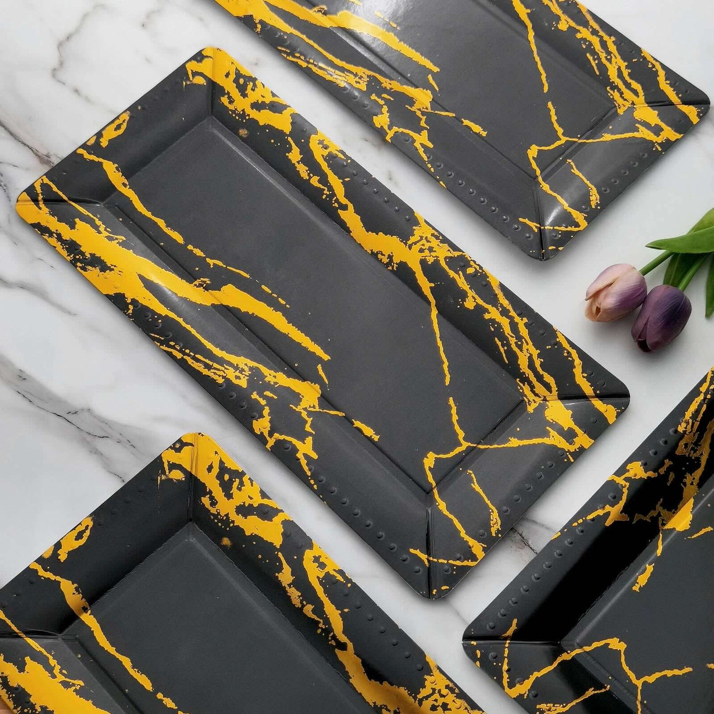 10-Pack Paper 16" Rectangle Serving Trays Black/Gold - Durable 1100GSM Disposable Food Platters with Modern Marble Design for Dessert Tables & Food Stations