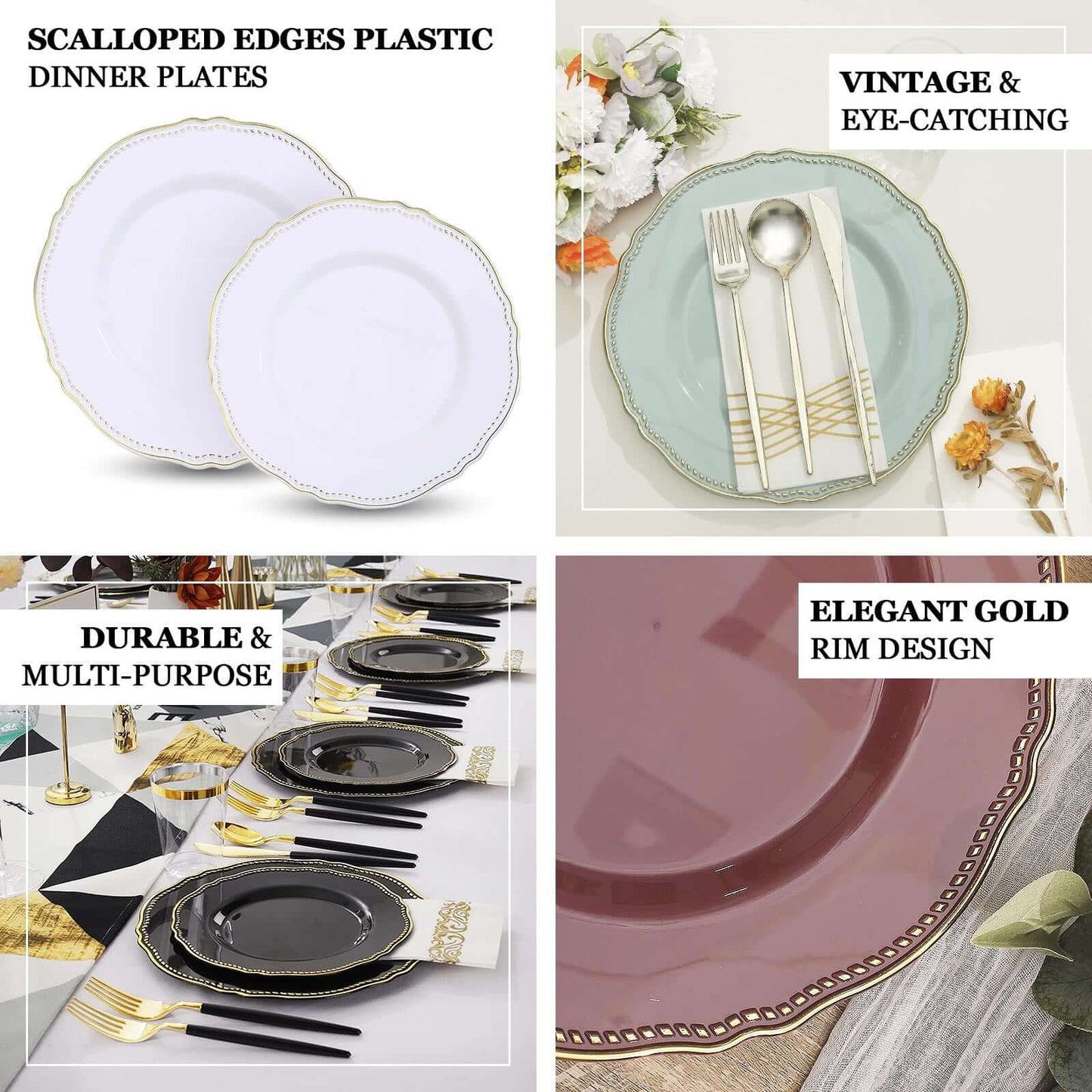 10-Pack Plastic Dinner Plates in Black with Gold Scalloped Rim - Disposable Party Plates for Upscale Events & Banquets 9"