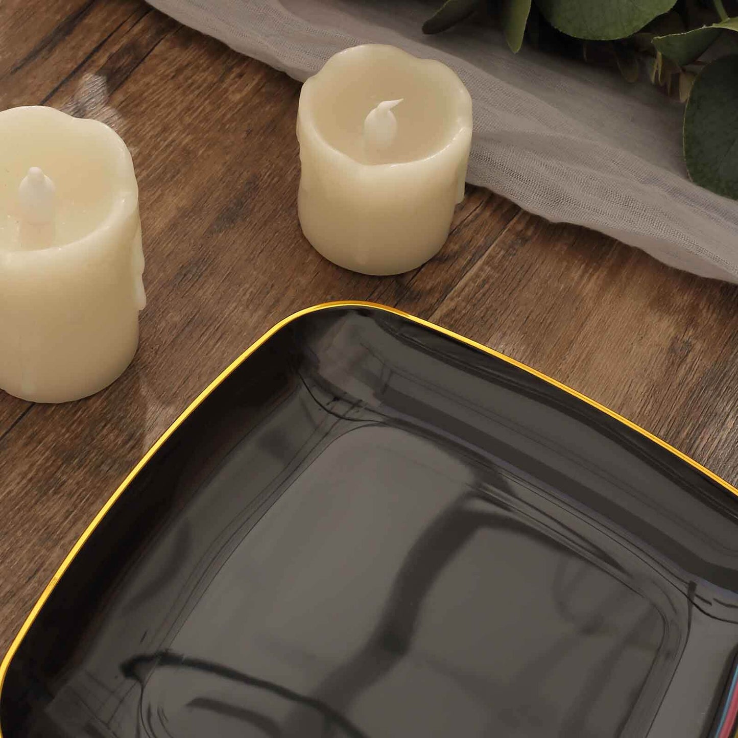 10-Pack Plastic 7" Square Dessert Plates in Black with Gold Rim - Classy Disposable Appetizer Salad Plates