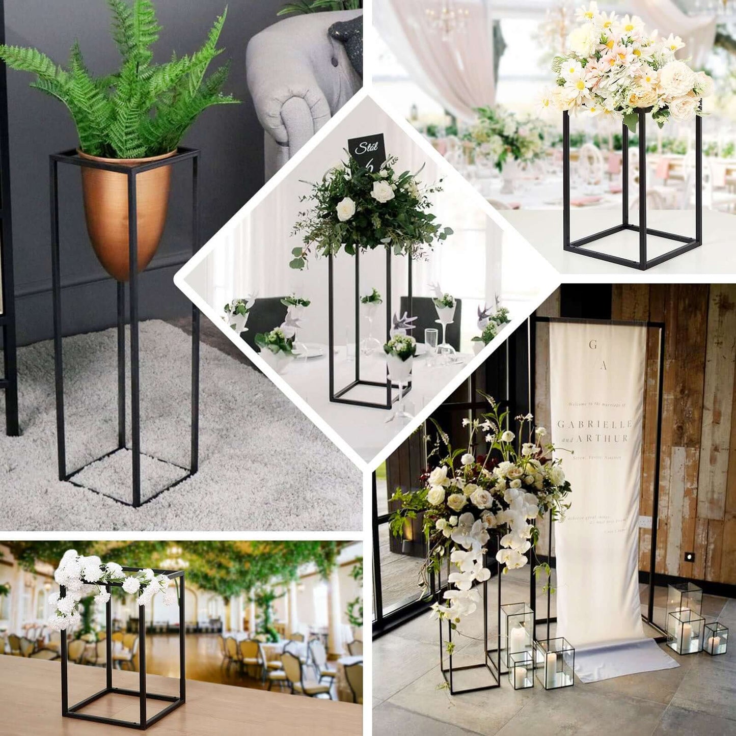 2-Pack Wedding Flower Stand Black Metal Geometric Column Frame Rectangular - Versatile Floral Pedestal for Sophisticated Arrangements 32"