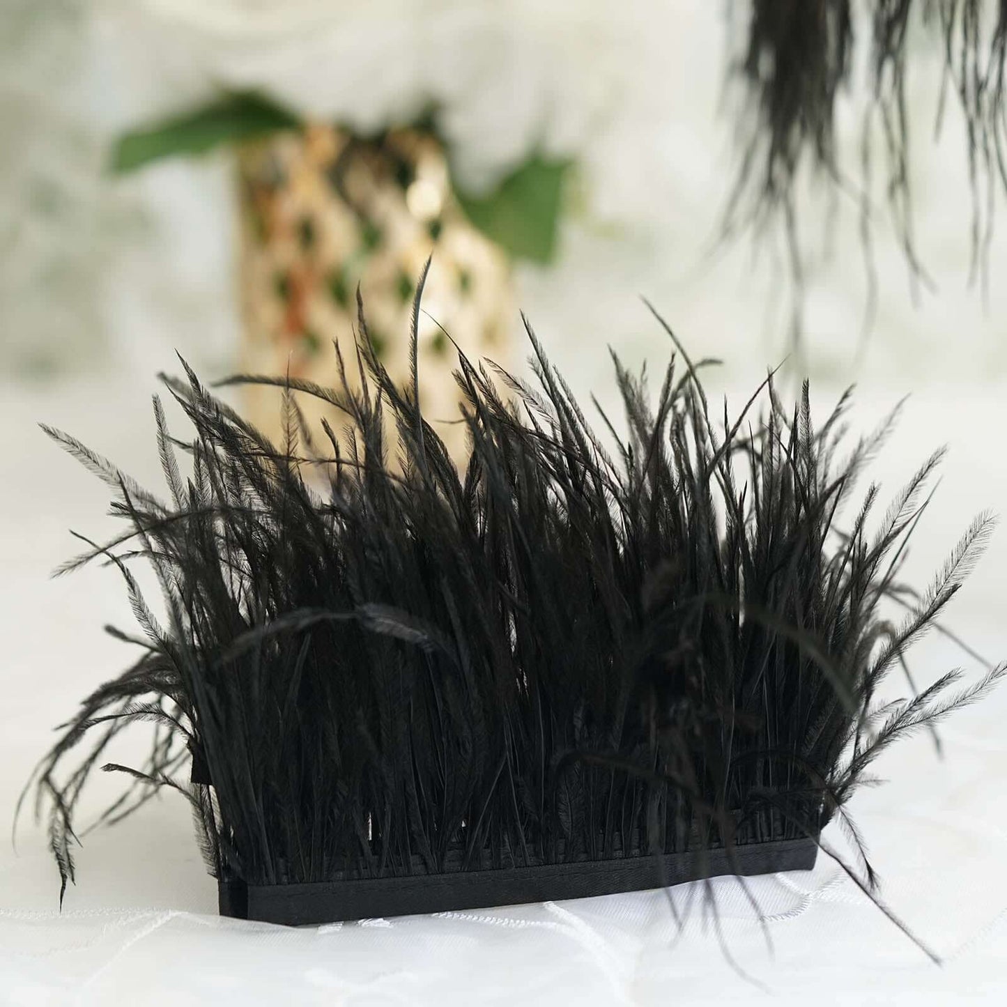 39" Black Real Ostrich Feather Fringe Trim With Satin Ribbon Tape