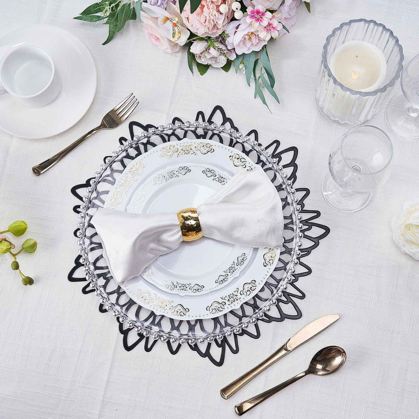 6-Pack Dining Table Mats Floral Design Black - Metallic Vinyl Round Non-Slip Mats for Tables 15"