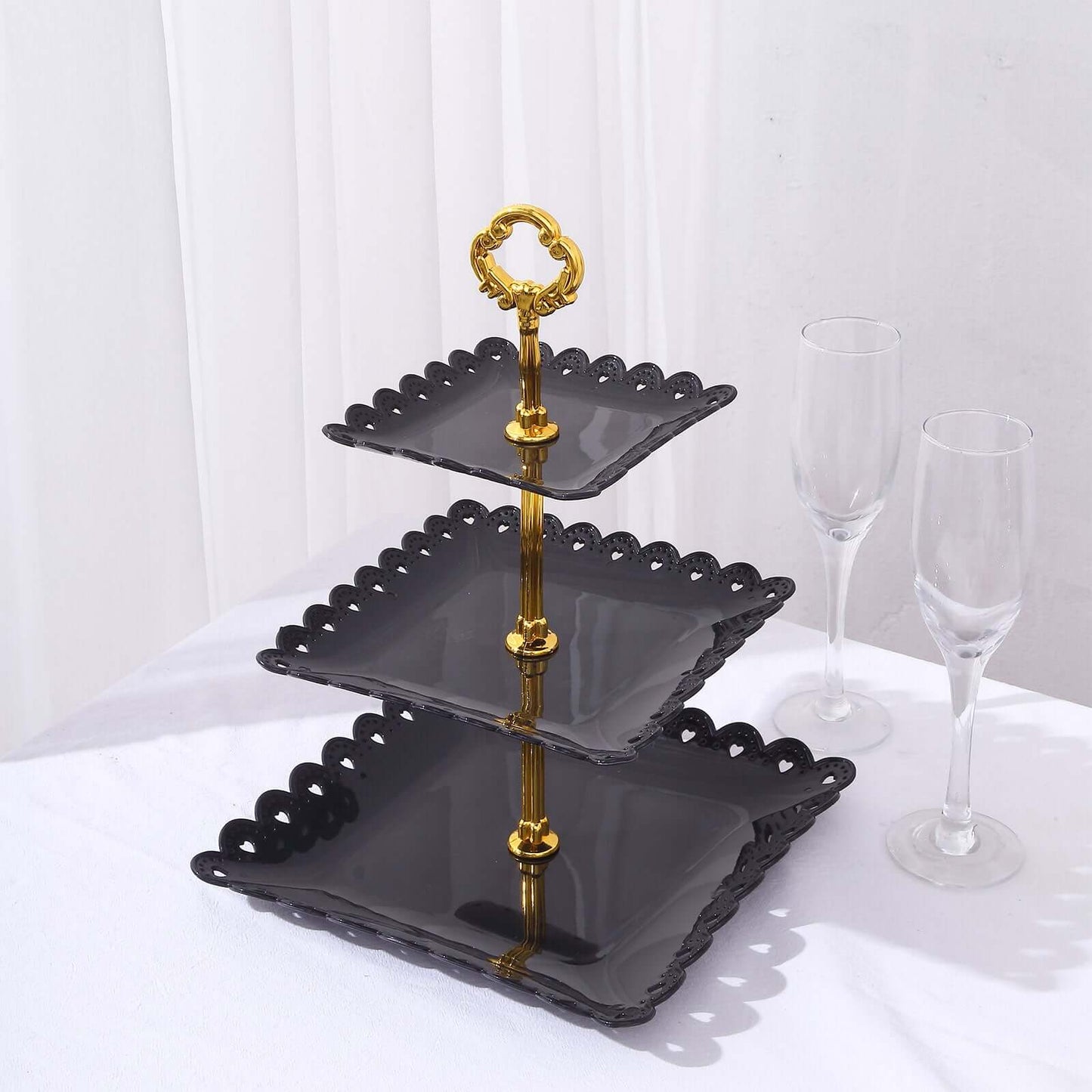 3-Tier Plastic Square Cupcake Stand Tower Black - Charming Disposable Dessert Display Serving Tray Platter with Heart Wavy Edge & Gold Top Handle for Tea Parties Weddings & Special Occasions 13"