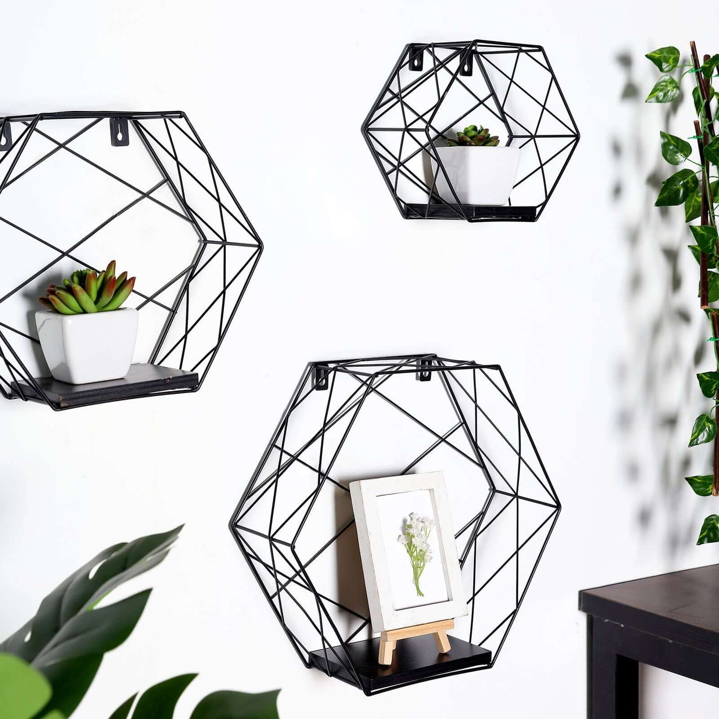 3 Pack Black Hexagonal Floating Wall Shelves, Decorative Geometric Wall Mounted Shelves - 9",12",14"