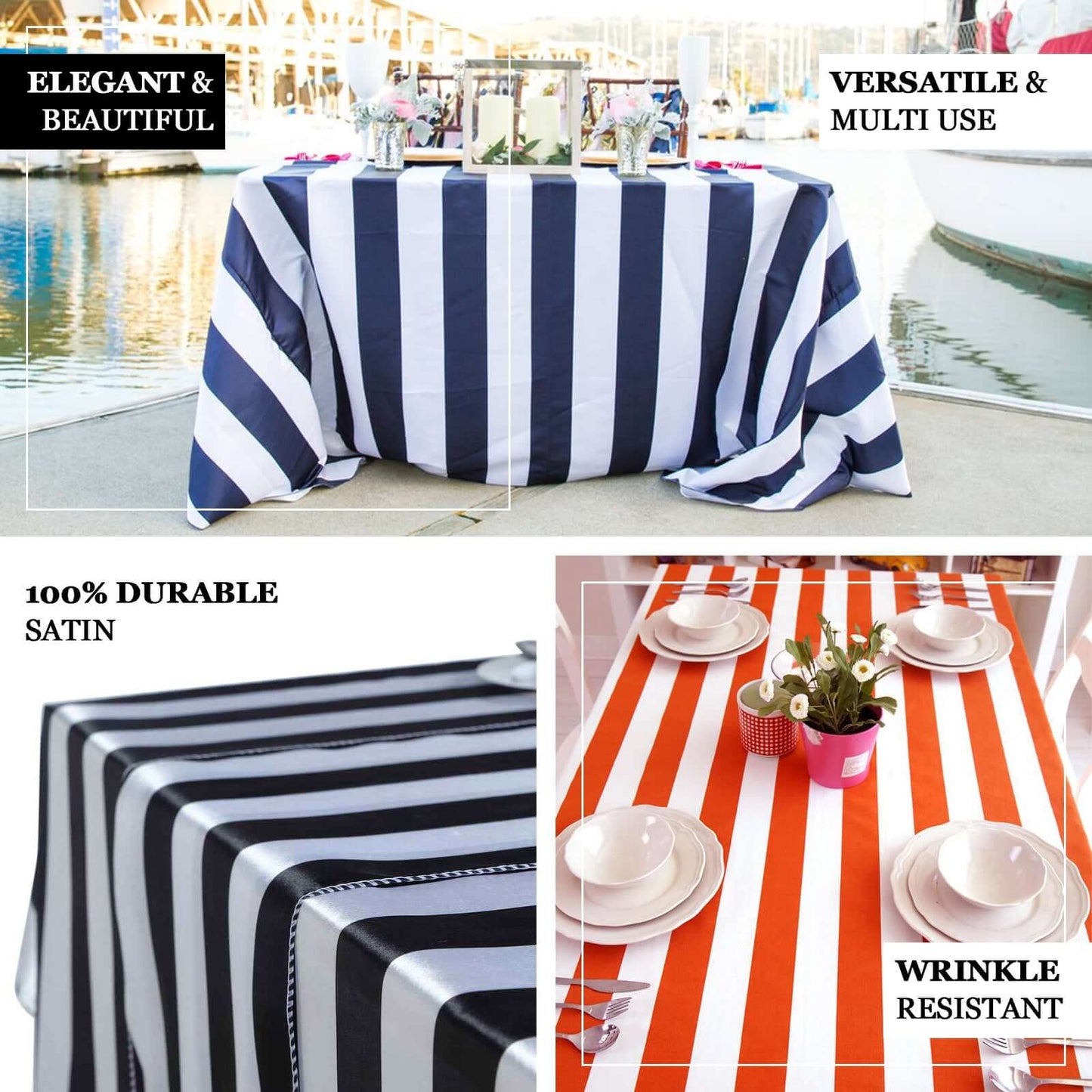 Satin 60"x102" Rectangle Tablecloth Black/White - Stripe Design with Stylish Smooth Finish Table Cover