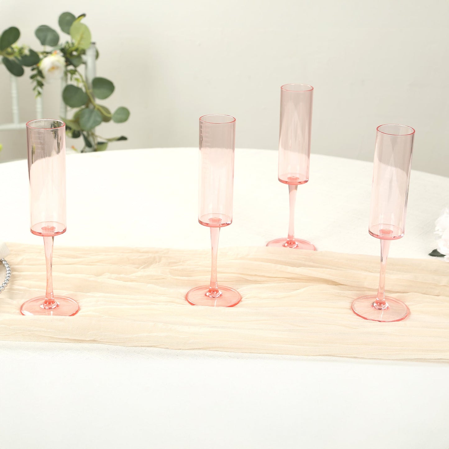 6-Pack Plastic Wine Mimosa Goblets Transparent Blush Cylindrical Shape - Reusable Champagne Flute Glasses 9.5" Tall 6oz