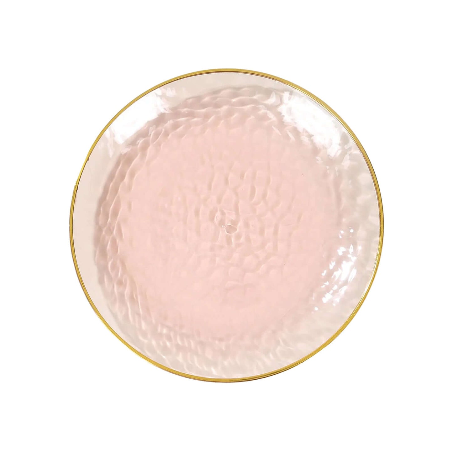 10-Pack Plastic 7" Round Dessert Appetizer Plates in Transparent Blush Hammered Design with Gold Rim - Modern Disposable Salad Plates