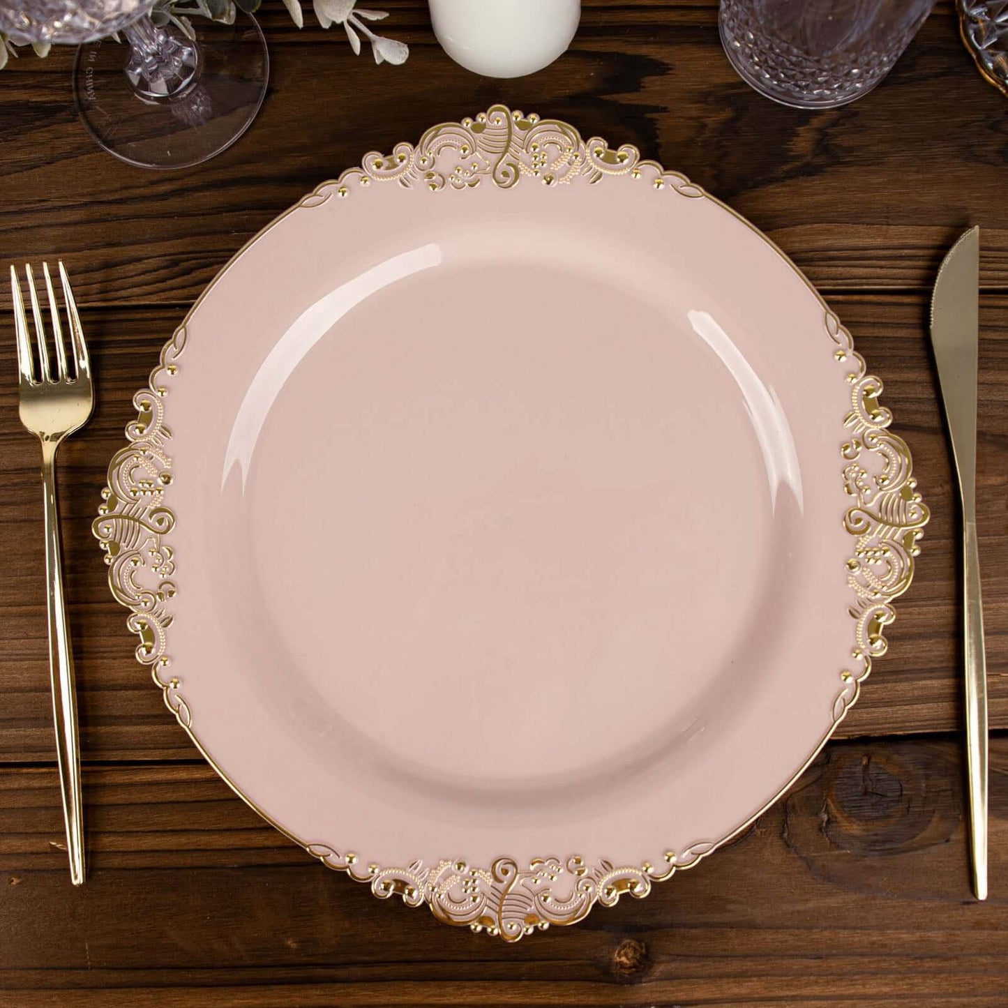 10-Pack Plastic 10" Round Dinner Plates in Blush with Gold Leaf Embossed Rim - Disposable Vintage Baroque Style Plates