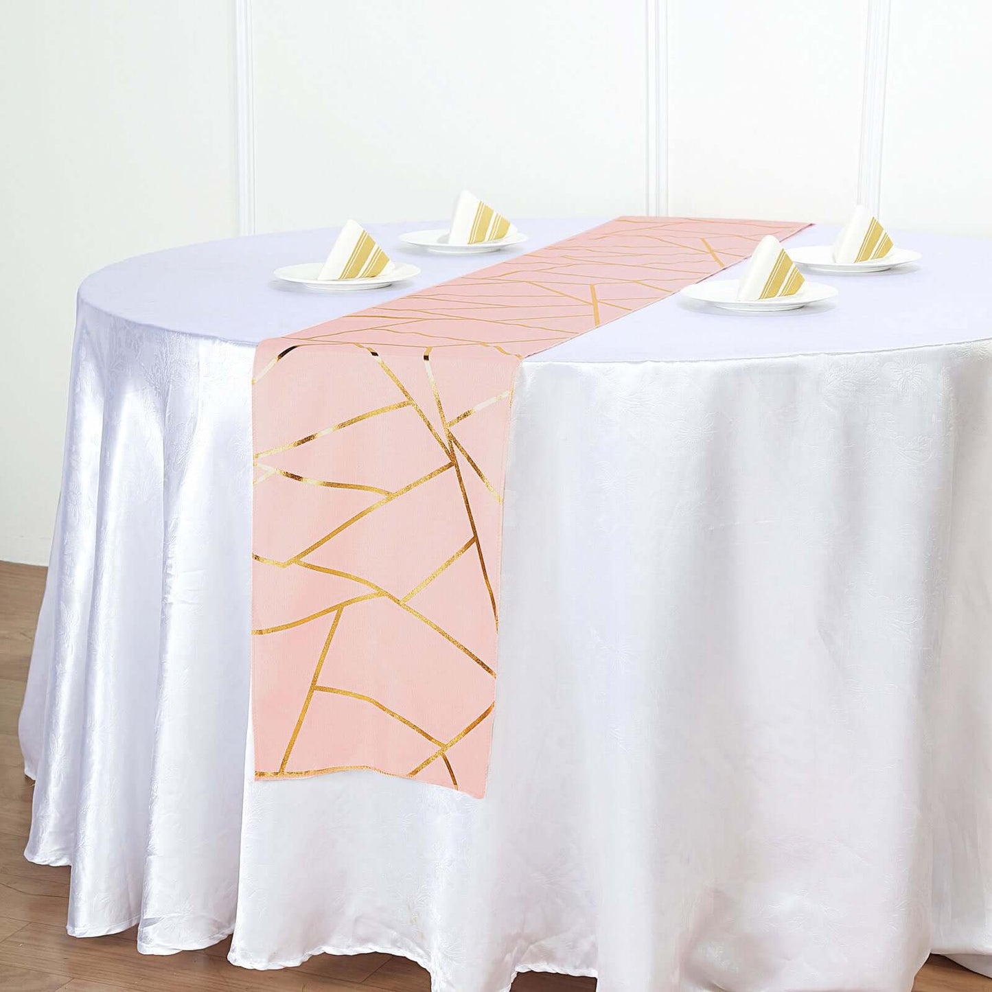 Polyester 9ft Table Runner Blush with Gold Foil Modern Geometric Accent