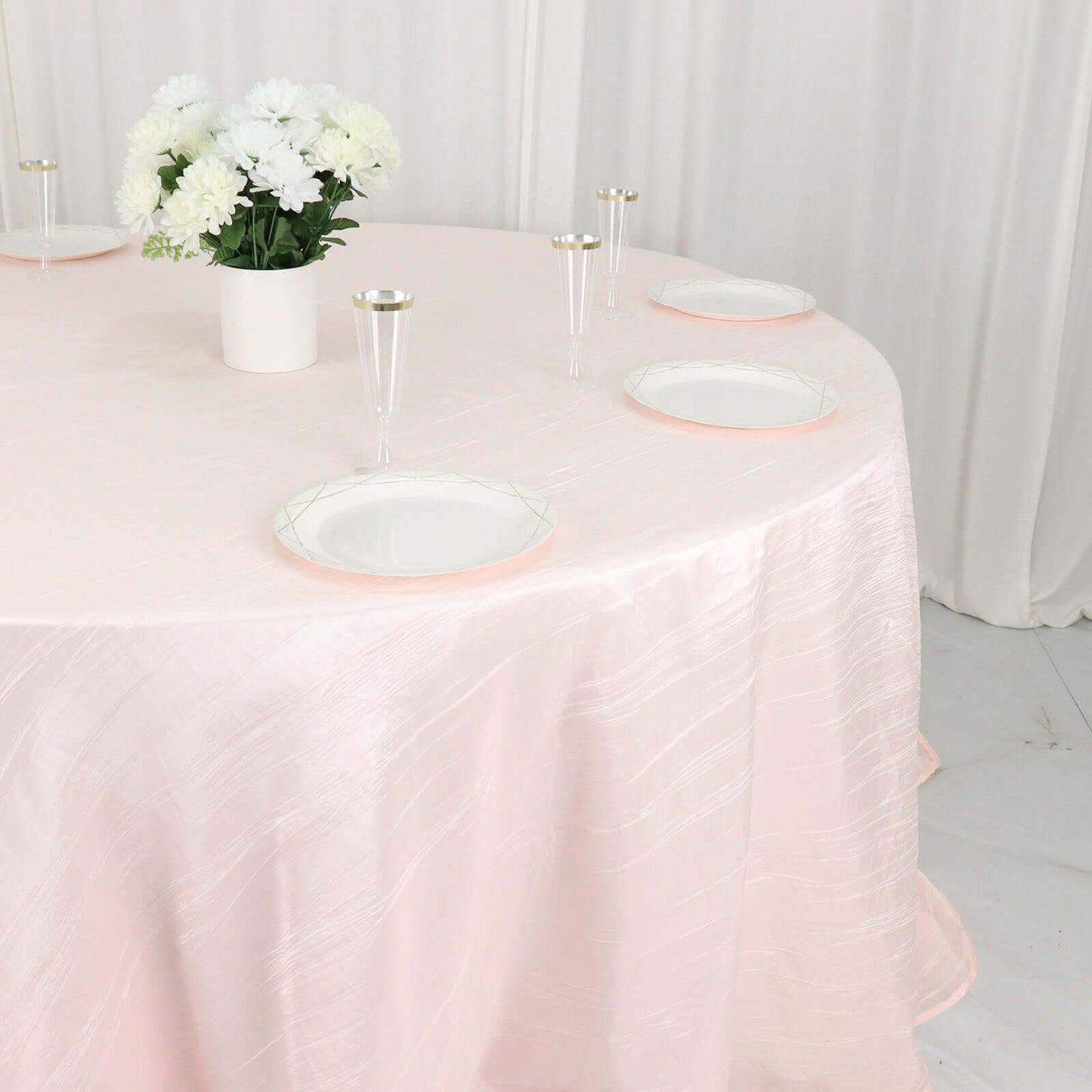 Taffeta 132" Round Tablecloth Blush - Seamless Accordion Crinkle Table Cover