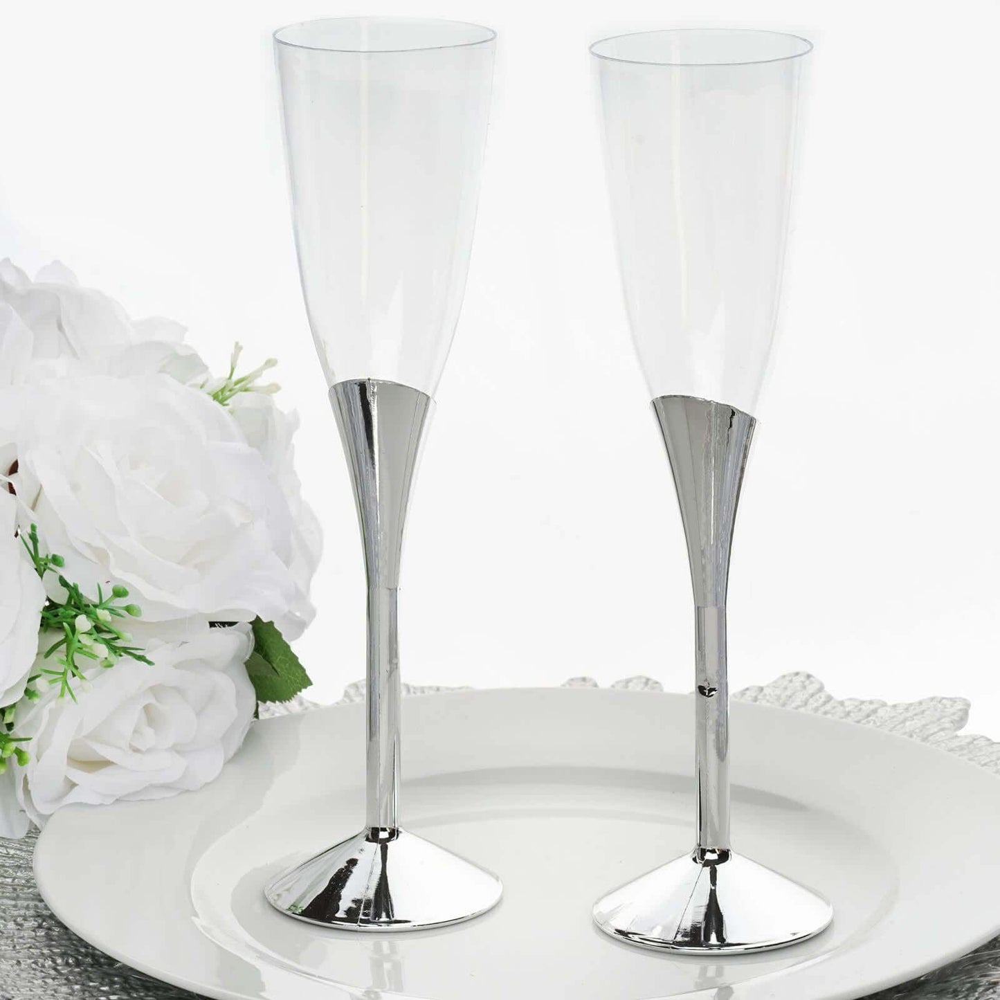 6-Pack Plastic Champagne Flutes Clear/Silver - Stylish Disposable Glasses for Toasts 5oz