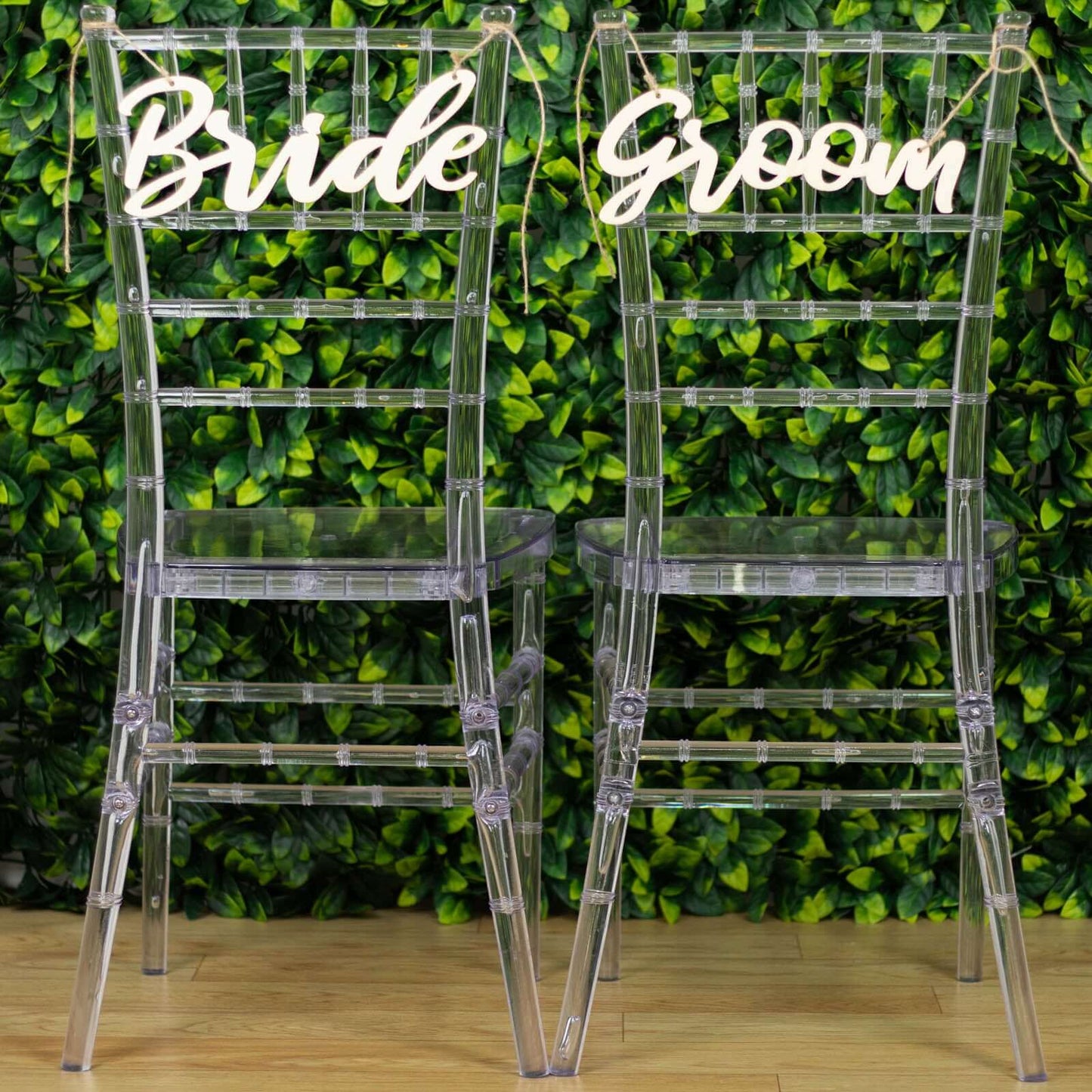 Set of 2 Bride and Groom Chair Signs Natural Wood - Charming Calligraphy Wall Hanging Wedding Decor & Props 12"x5"