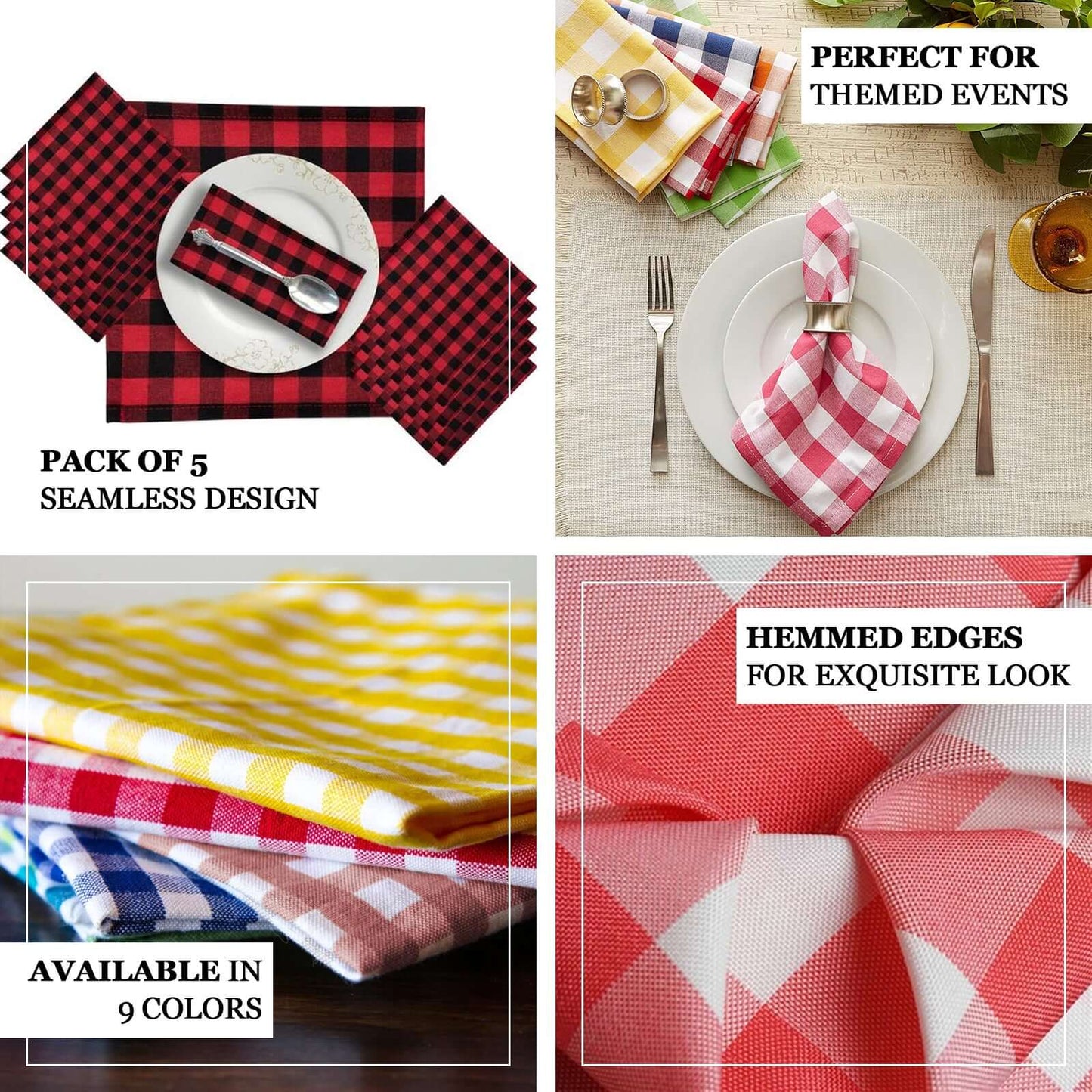 5 Pack Polyester 15"x15" Napkins Black/Red Buffalo Plaid Gingham Style Cloth Napkins