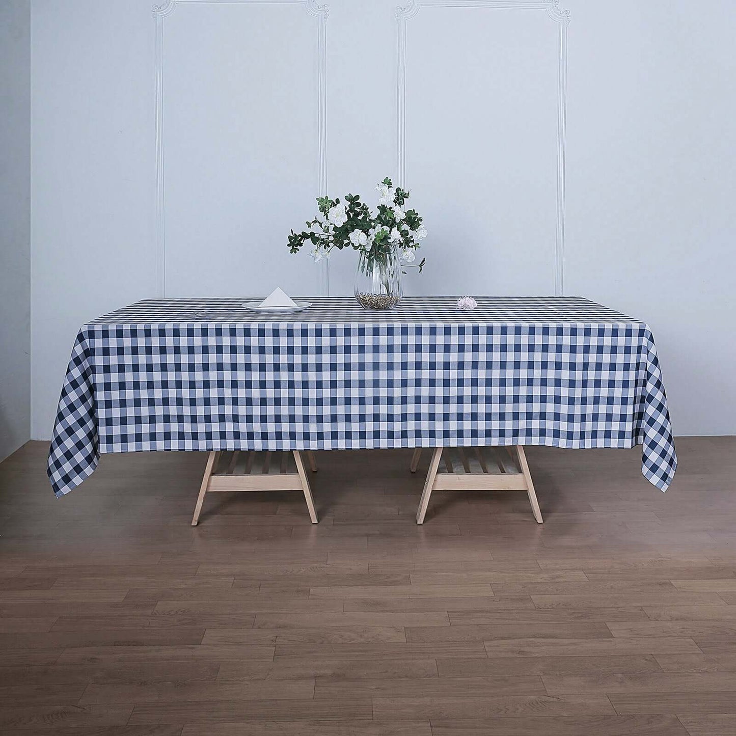 Polyester 60"x126" Rectangle Tablecloth White/Navy Blue - Buffalo Plaid Checkered Table Cover