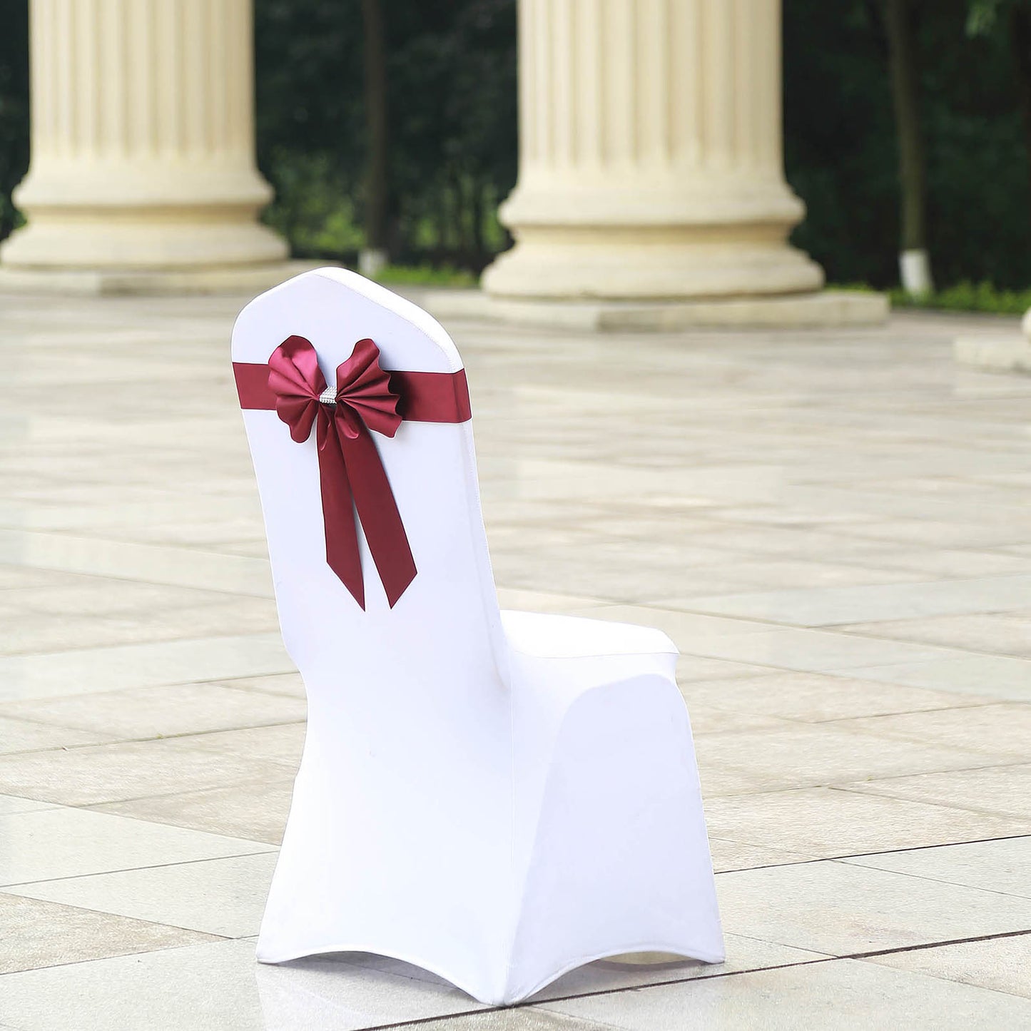 5 Pack Satin Faux Leather Chair Sashes Burgundy - Durable Double Sided Pre-tied Bow Tie Chair Bands with Diamond Rhinestone Buckles