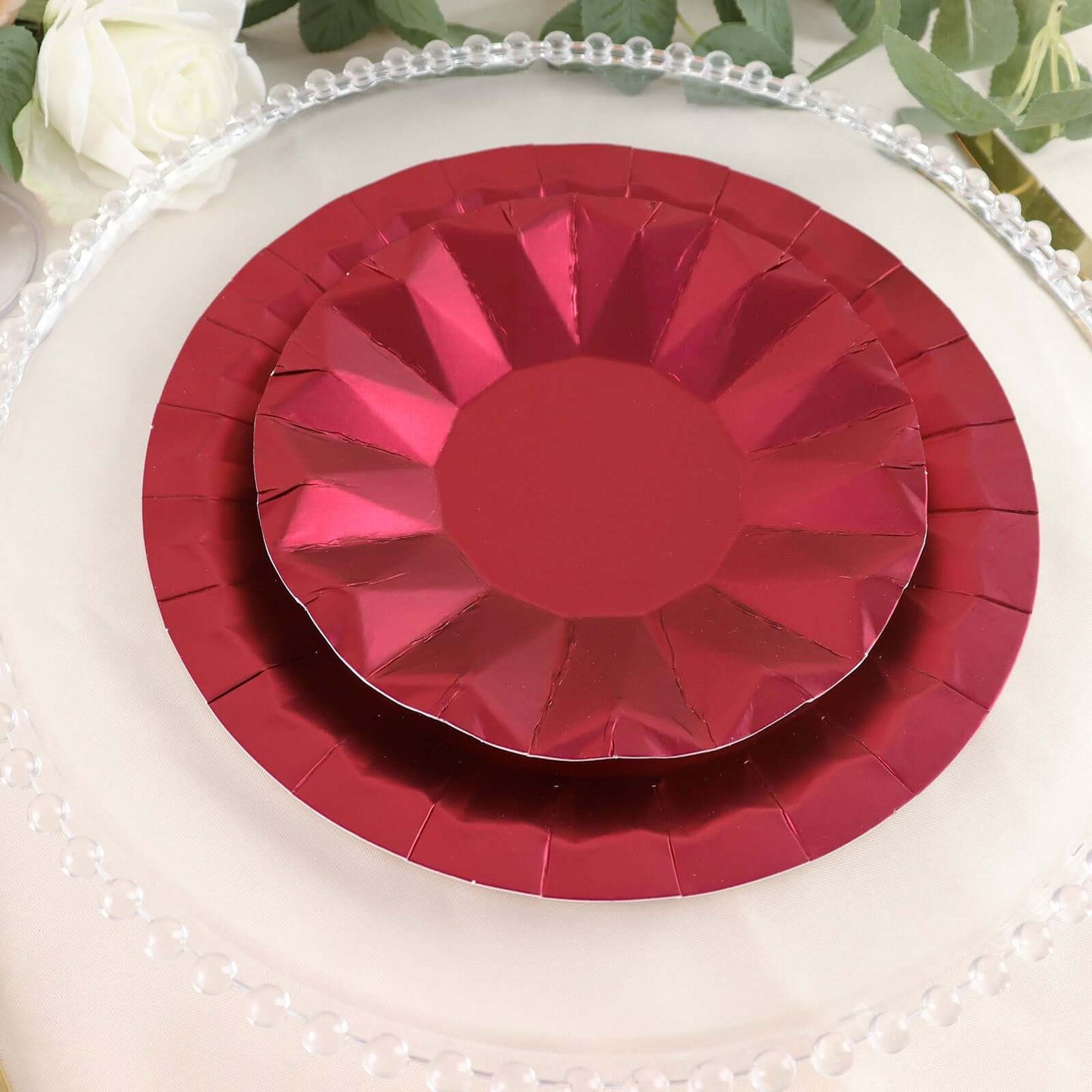 25-Pack Paper 7" Round Dessert Plates in Burgundy with Geometric Prism Rim - Disposable 400GSM Appetizer Salad Plates