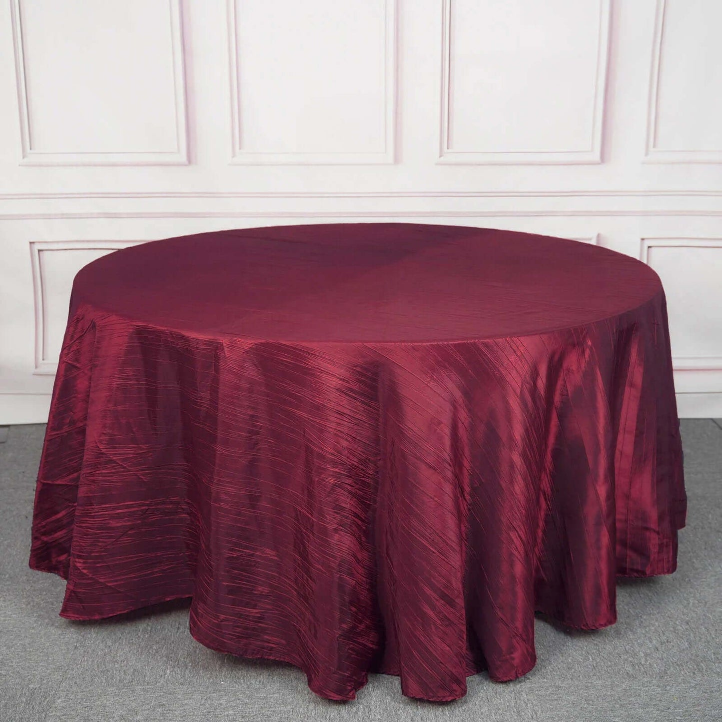 Taffeta 120" Round Tablecloth Burgundy - Seamless Accordion Crinkle Table Cover