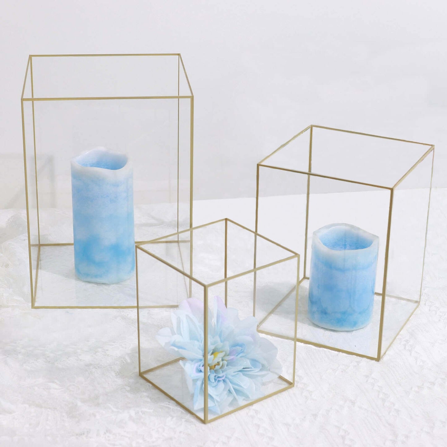 Set of 3 Candle Holders Acrylic Flower Display Boxes with Gold Rims Clear - Decorative Pillar Centerpieces 6", 8", 10"