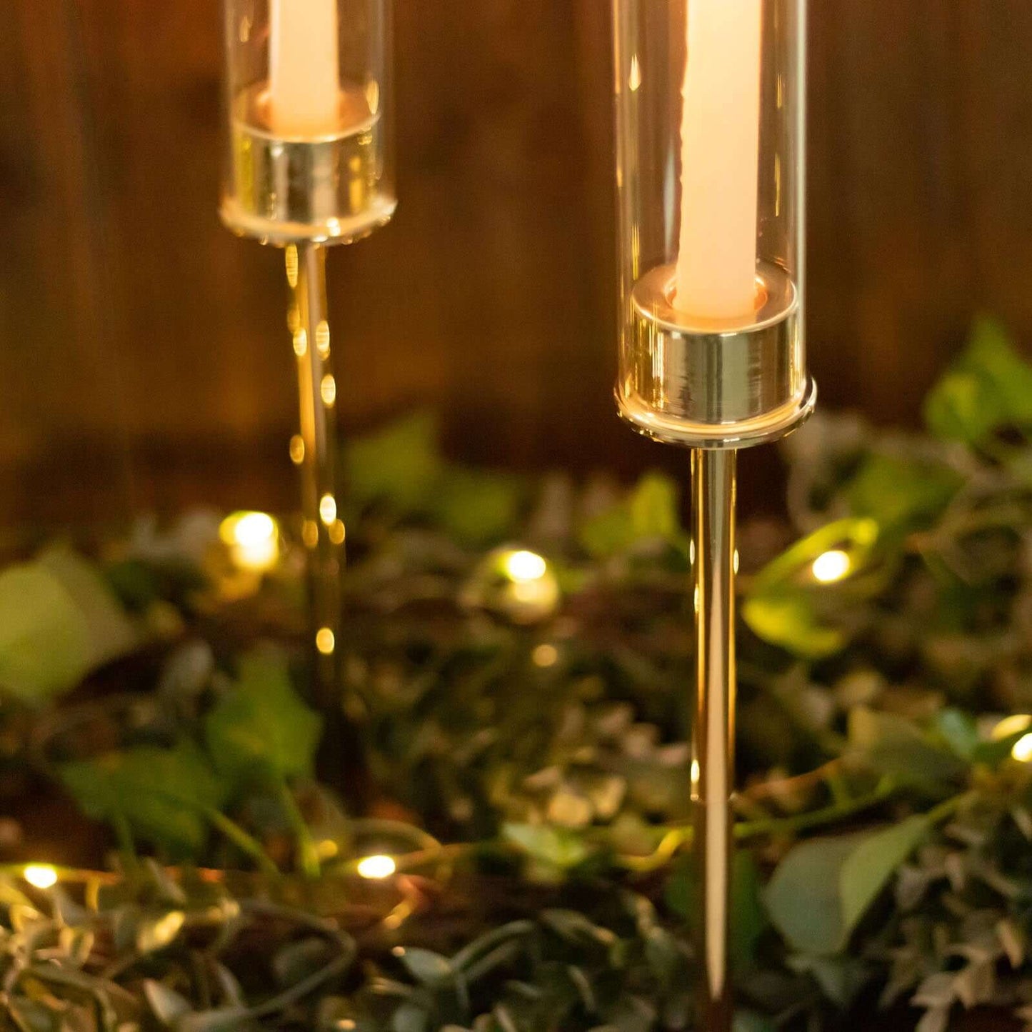 2-Pack Gold Metal Taper Candlestick Holders, Clear Glass Hurricane Candle Stands With Chimney Candle Shades 20"