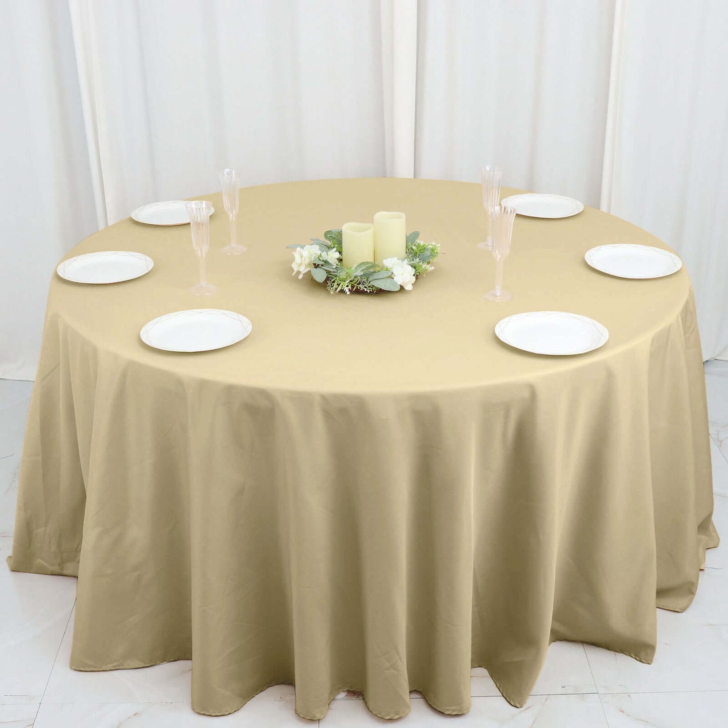 Polyester 132" Round Tablecloth Champagne - Seamless Chic Table Cover