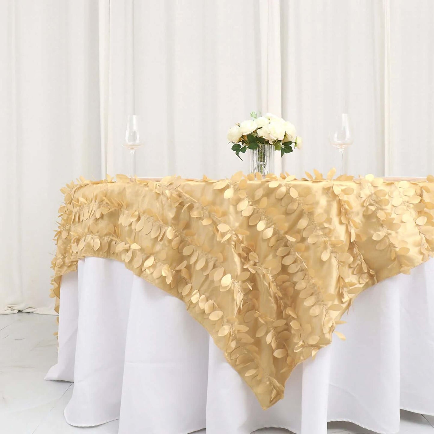 Taffeta 90"x90" Table Overlay Square Tablecloth Champagne - Leaf Petal Design for Stylish Celebrations