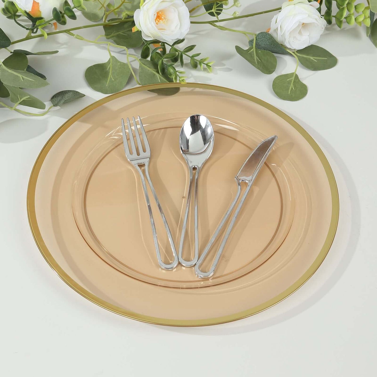 10-Pack Economy Plastic Round Charger Plates 12" in Transparent Amber Gold with Wide Gold Rim, Decorative Dinner Party Serving Plates