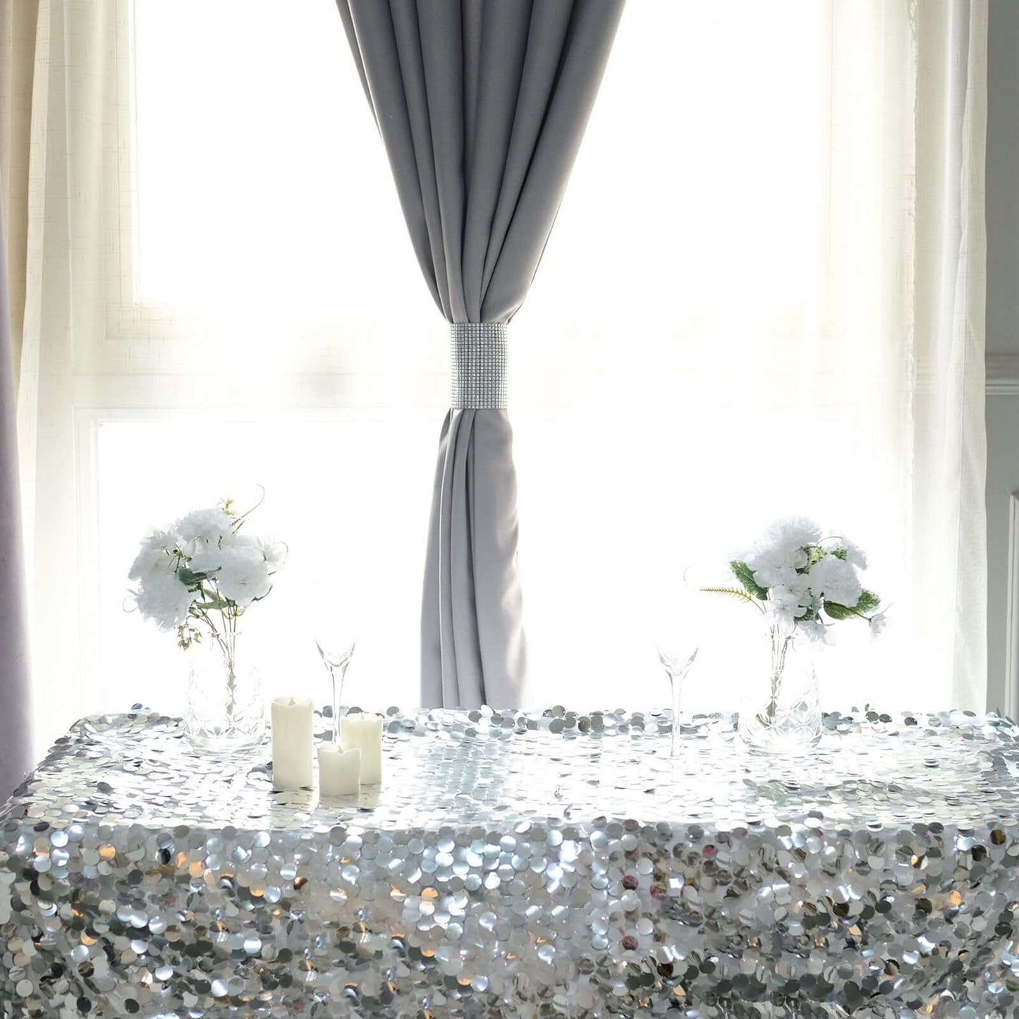 4 Pack Silver Rhinestone Mesh Velcro Backdrop Curtain Bands, Large Chair Sash Clip Tie Backs - 5"X10"