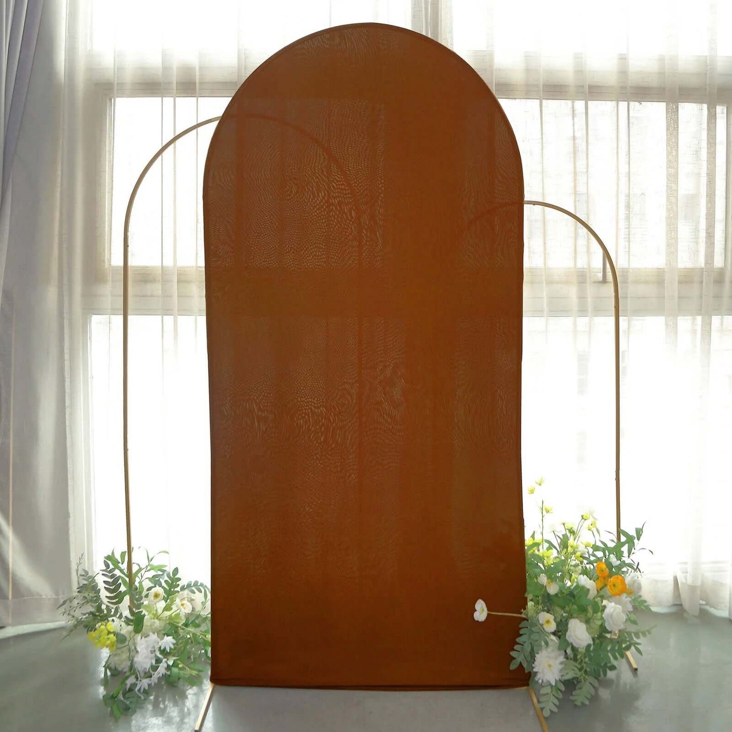 7ft Cinnamon Brown Spandex Fitted Chiara Backdrop Stand Cover For Round Top Wedding Arch