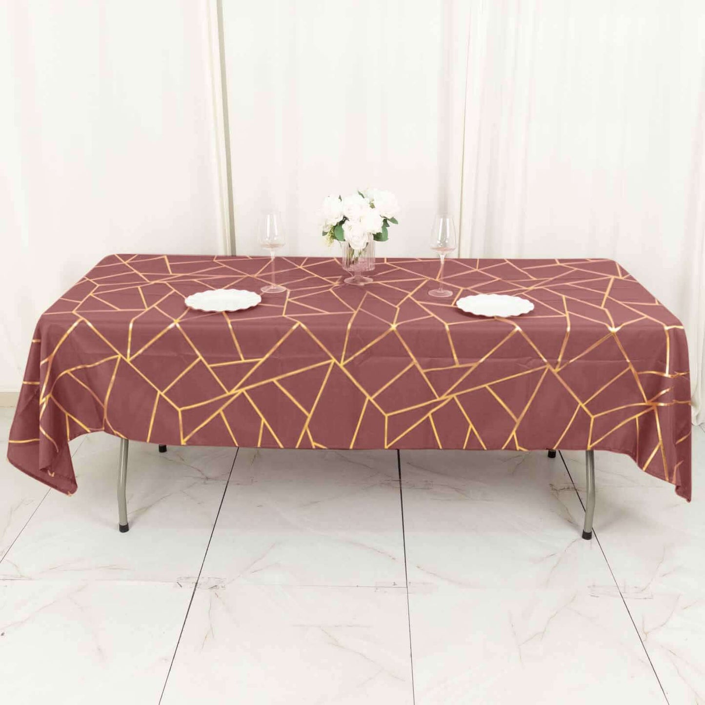 Polyester 60"x102" Rectangle Tablecloth Cinnamon Rose with Gold Foil Geometric Pattern - Wrinkle-Resistant & Durable Table Cover